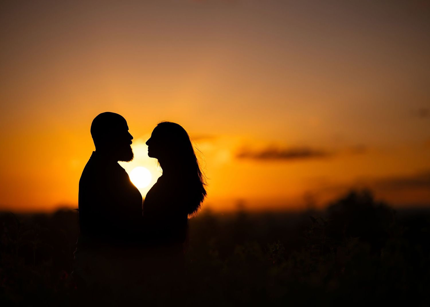 Silhouette of a romantic couple facing each other against a vibrant golden sunset sky in an open field.