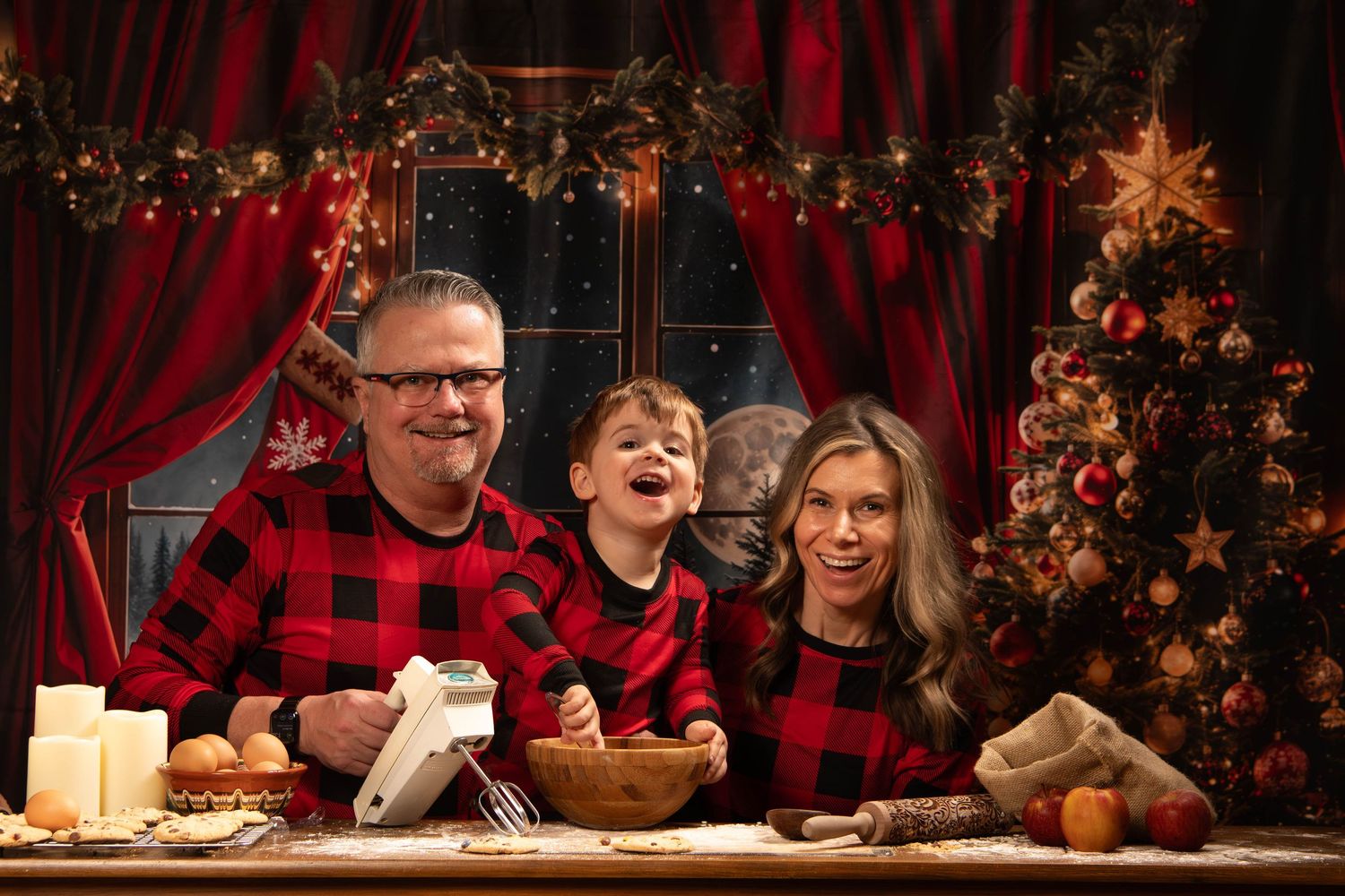 Holiday gathering around a rustic wooden table with Christmas decorations and treats.