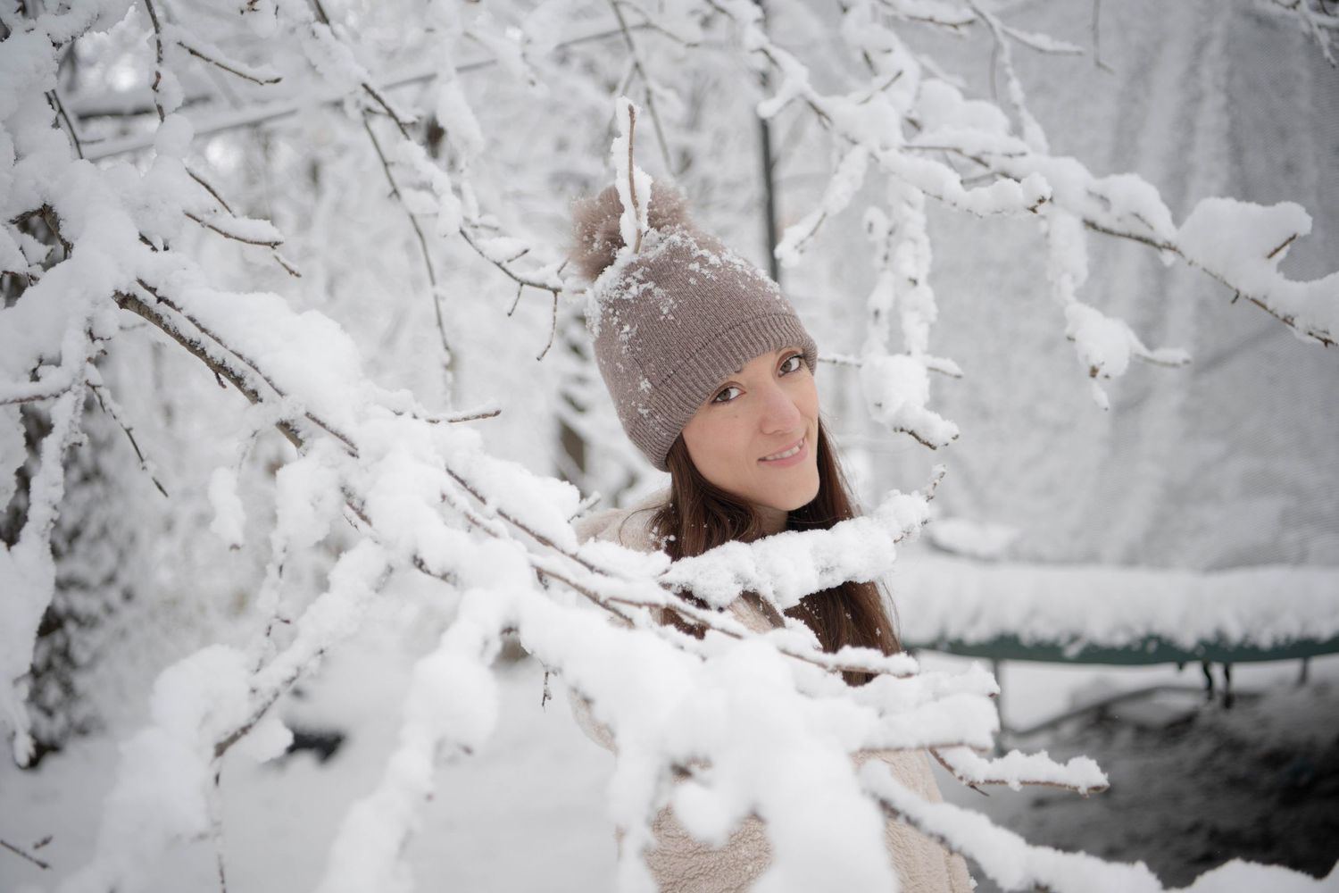 Snowy winter scene with frost-covered branches in soft lighting.