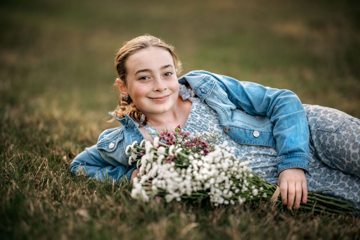 Young girl lying on grass smiling, posing during a Mommy & Me photo session in Wayne, PA.