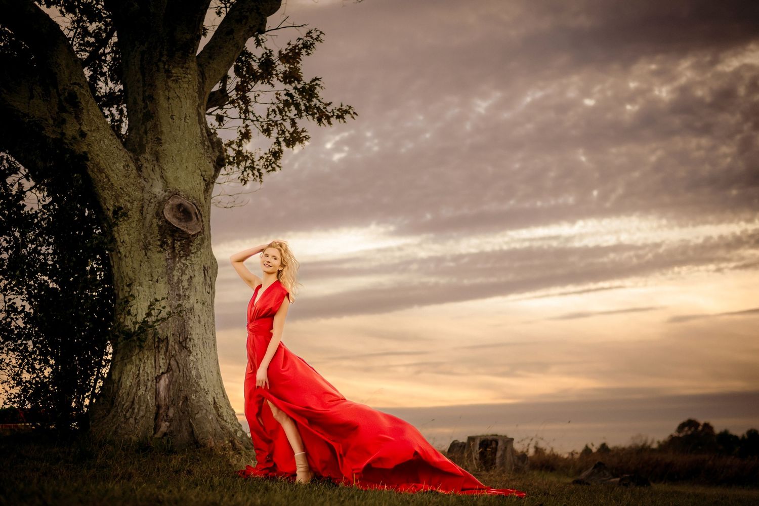 red flying satin dress photo session
