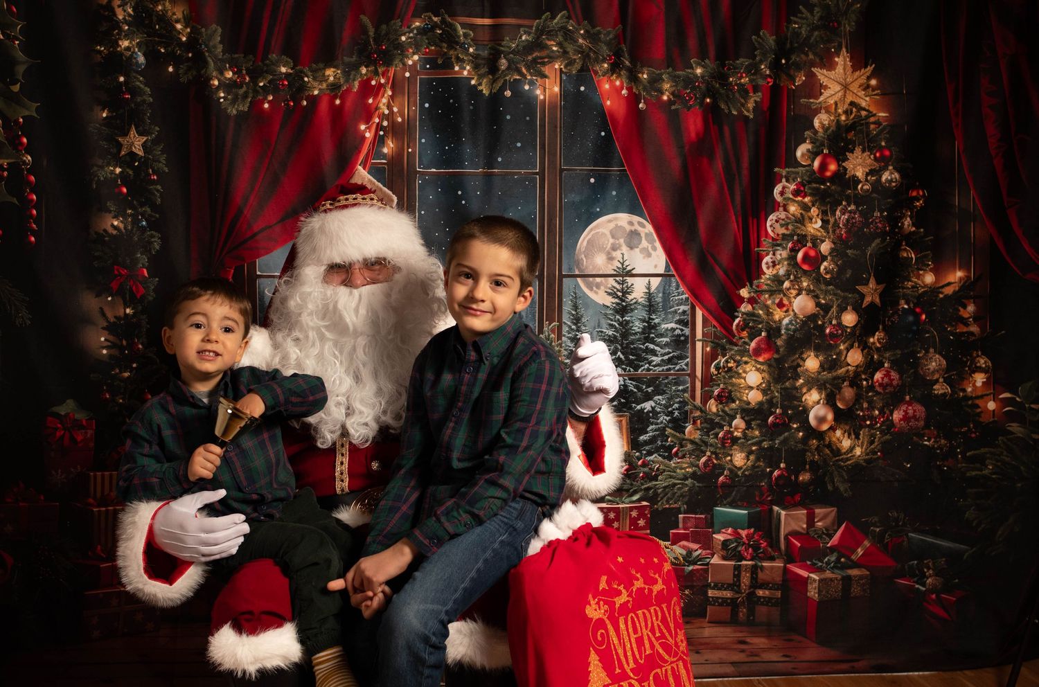 Traditional holiday scene with Christmas decorations, twinkling lights and festive atmosphere.