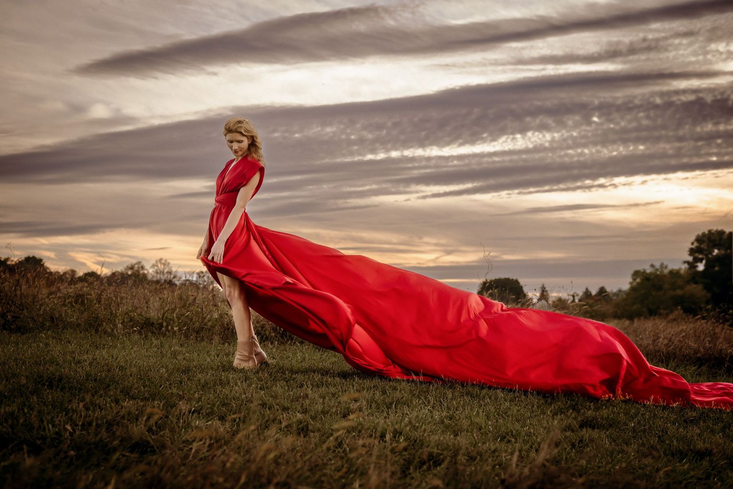 red flying satin dress photo session