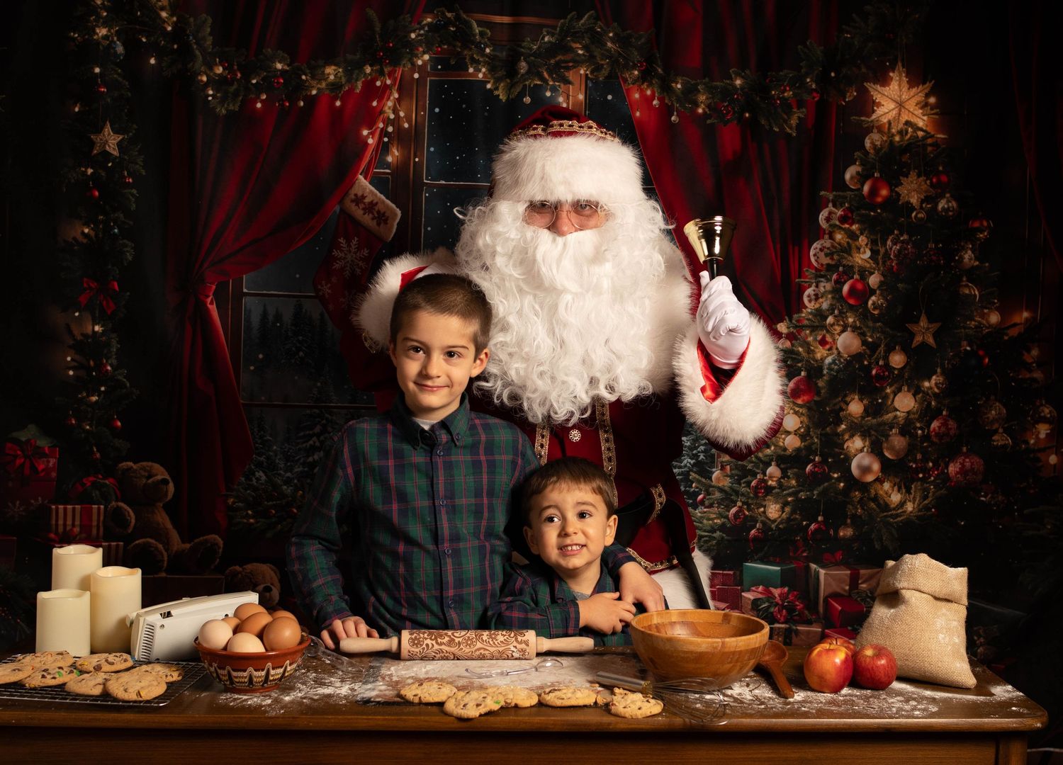 Rustic Christmas display with cookies, milk, and holiday decorations on wooden table. Santa Claus