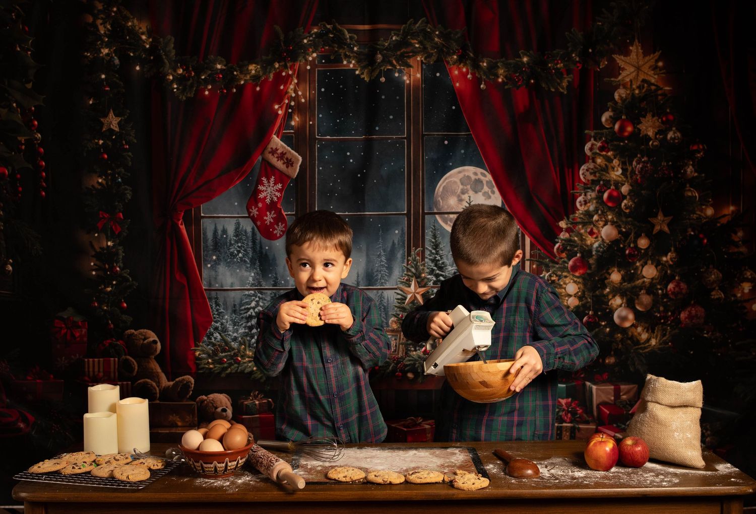 Festive Christmas setting with treats and decorations against dark dramatic backdrop.