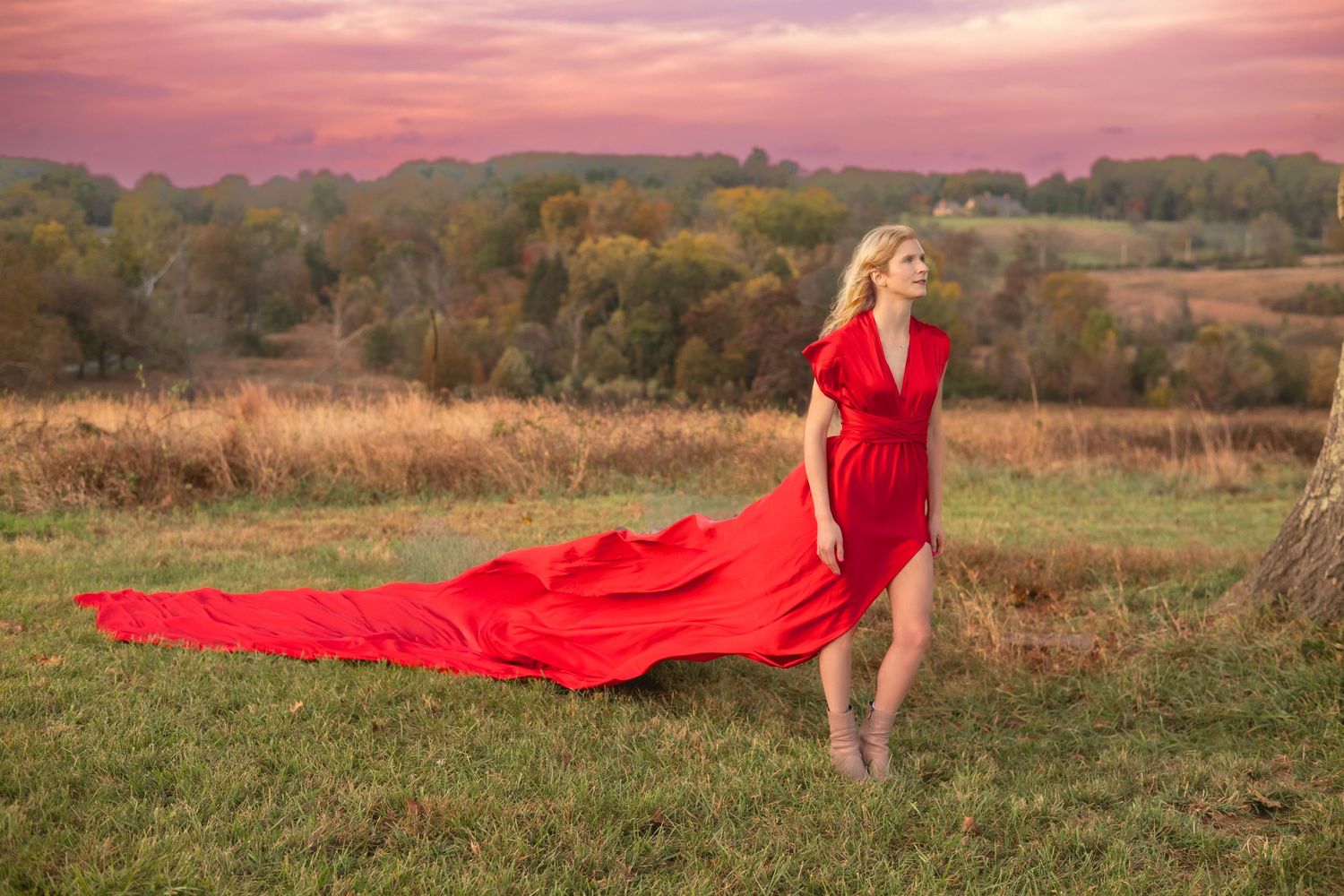 Woman in flowing red gown stands in golden meadow under dramatic pink sunset sky.