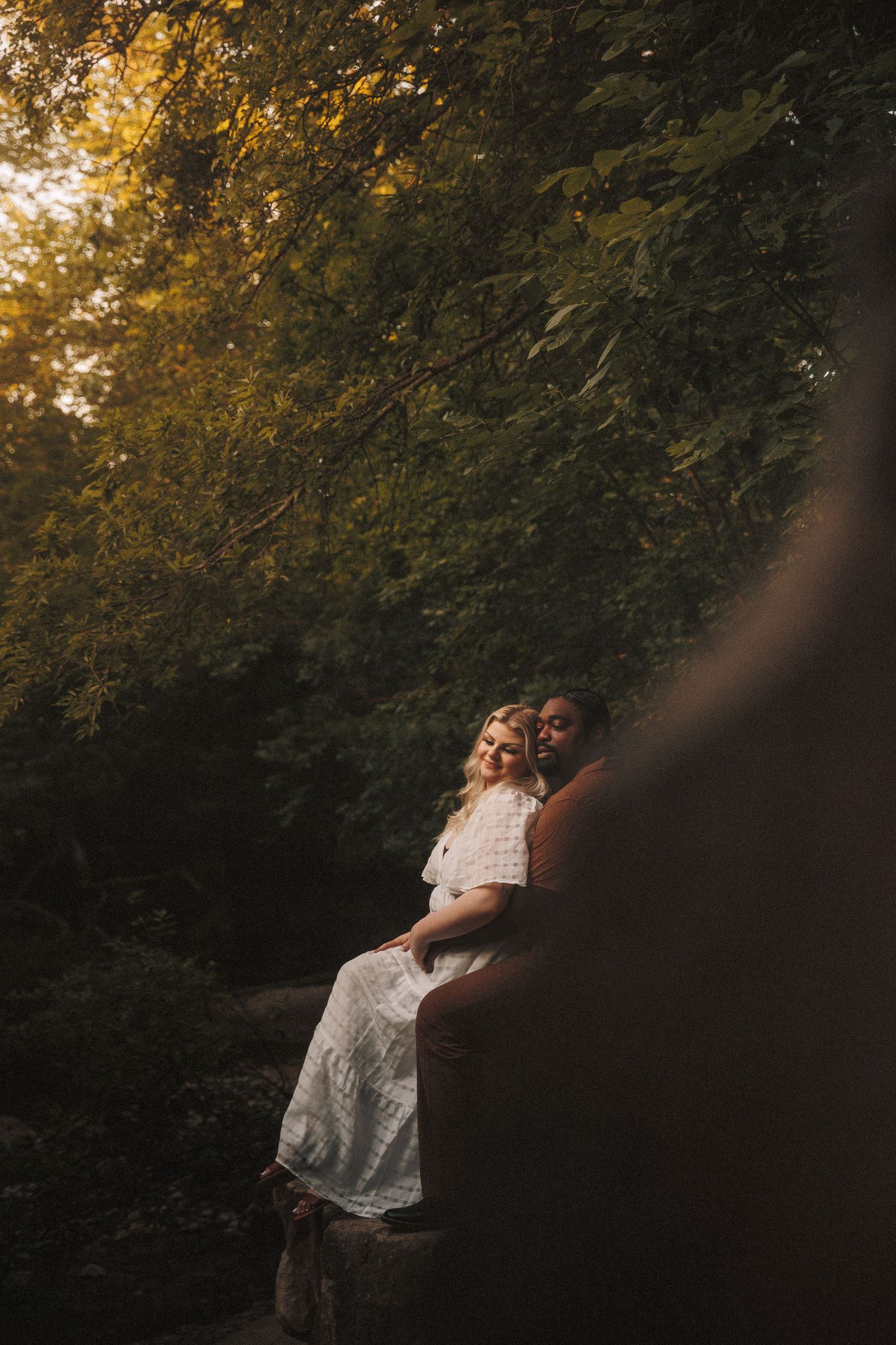 A romantic couple embraces in a sunset-lit forest with light filtering through autumn trees.