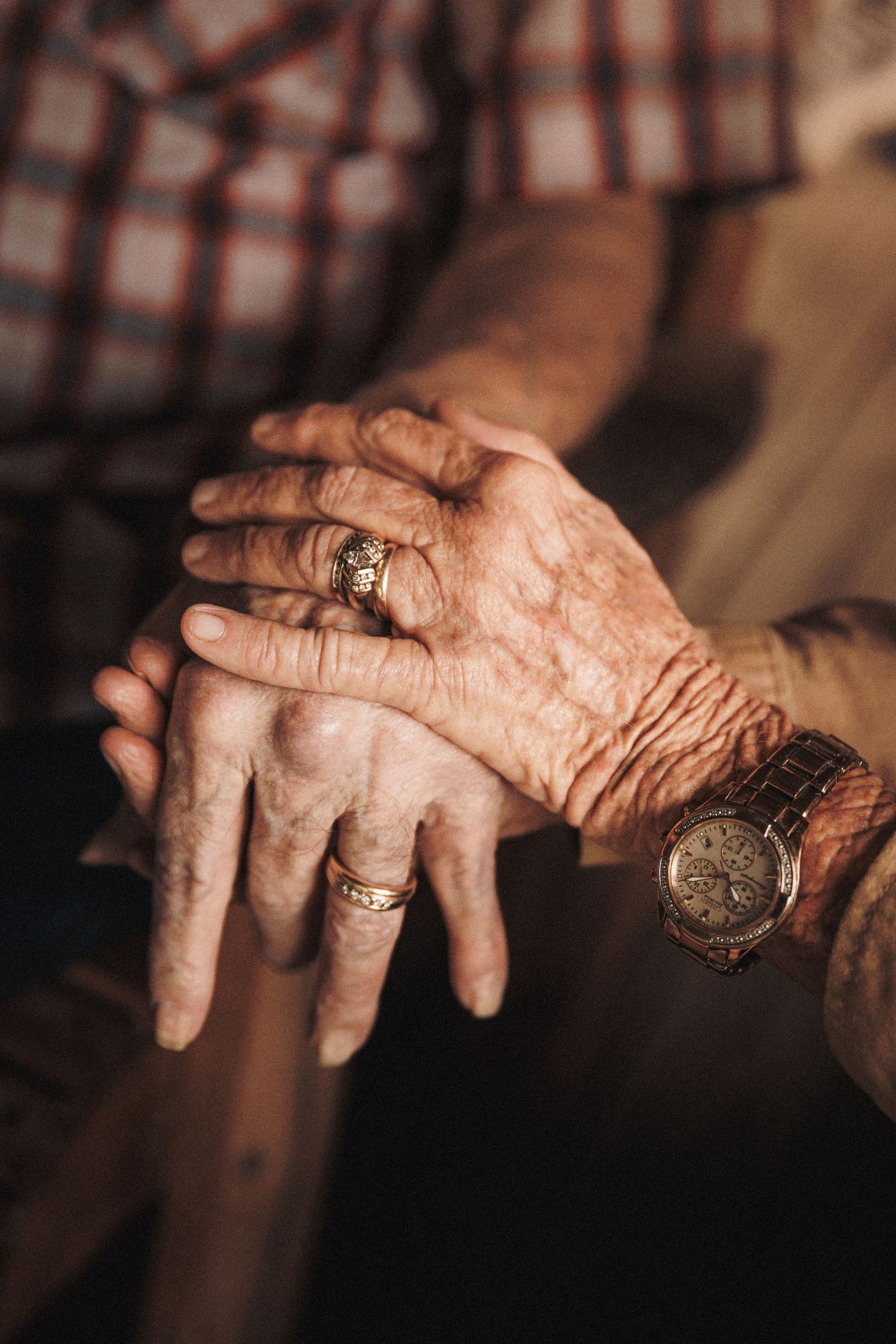 Close-up of elderly hands with wrinkles and rings shown in a series of artistic shots in warm lighting.
