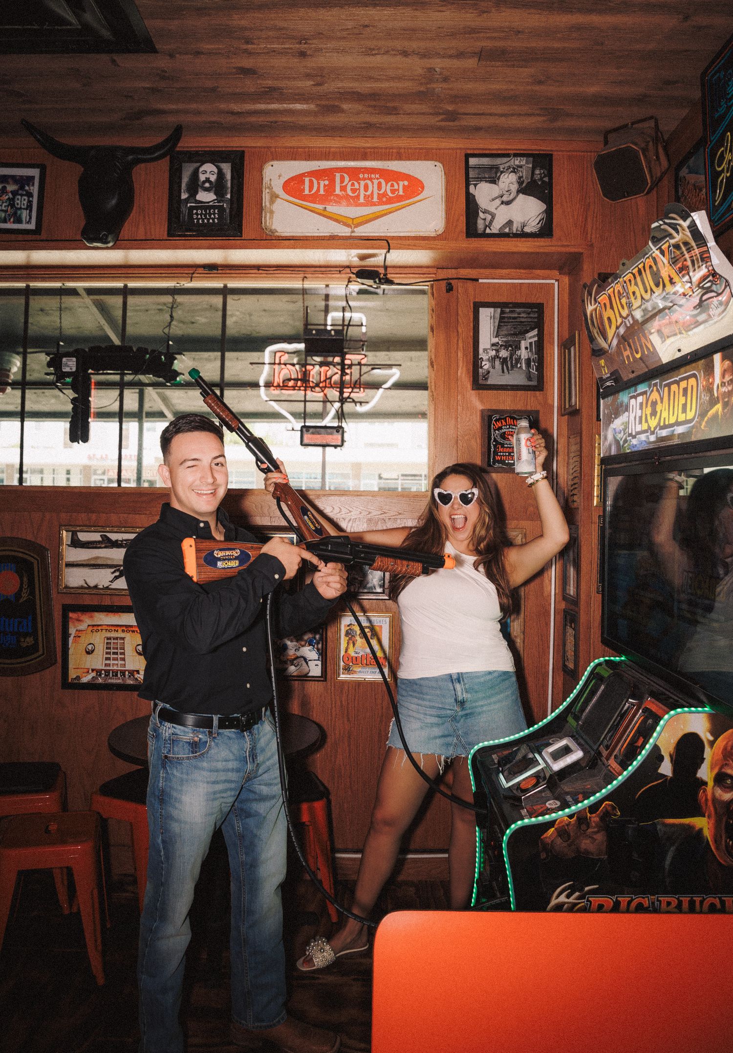 Four dark wooden pub interior photos showing people having fun and dancing at a casual bar gathering.