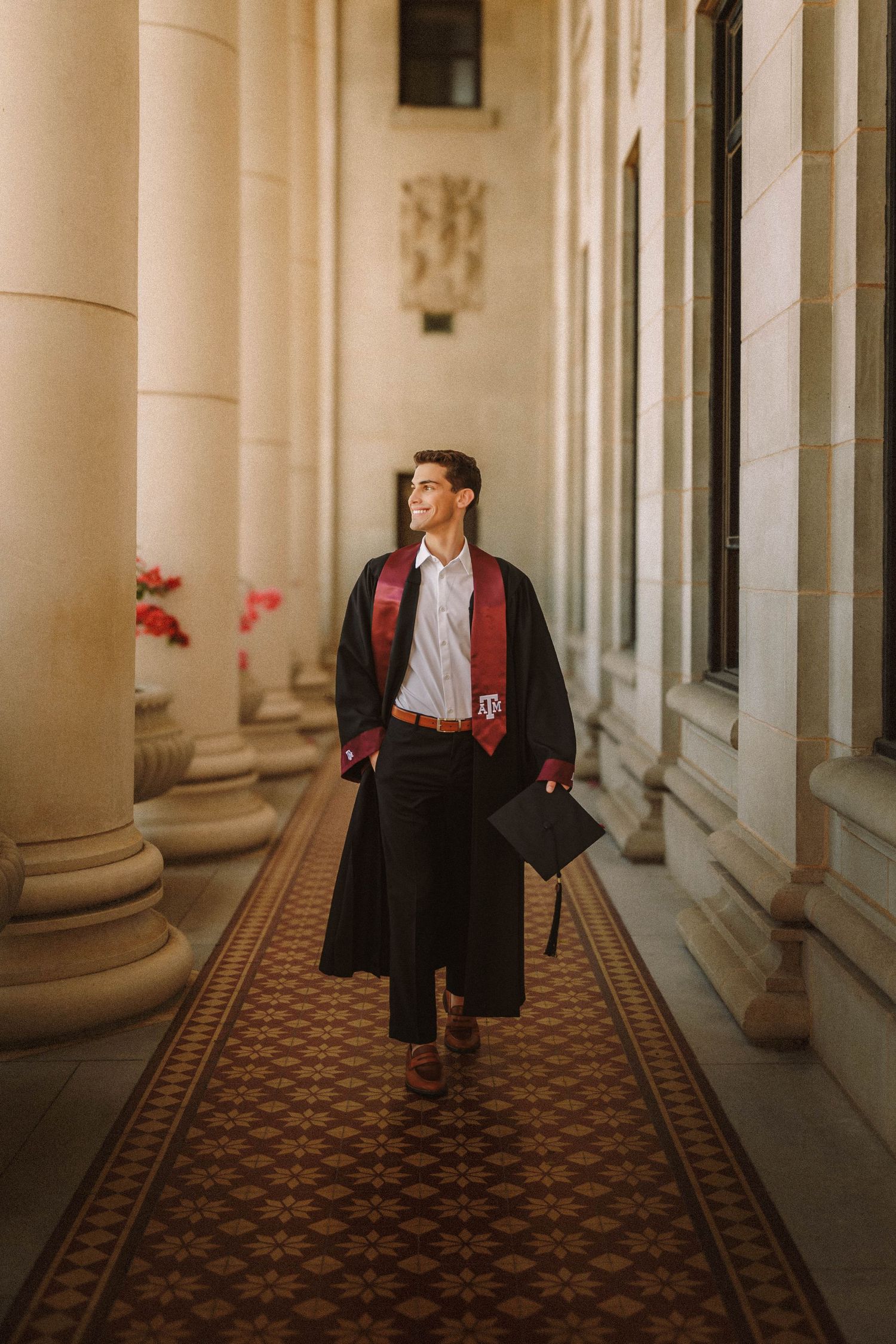 A collage of dark archways with columns in a classical building corridor shows a person moving through the space.