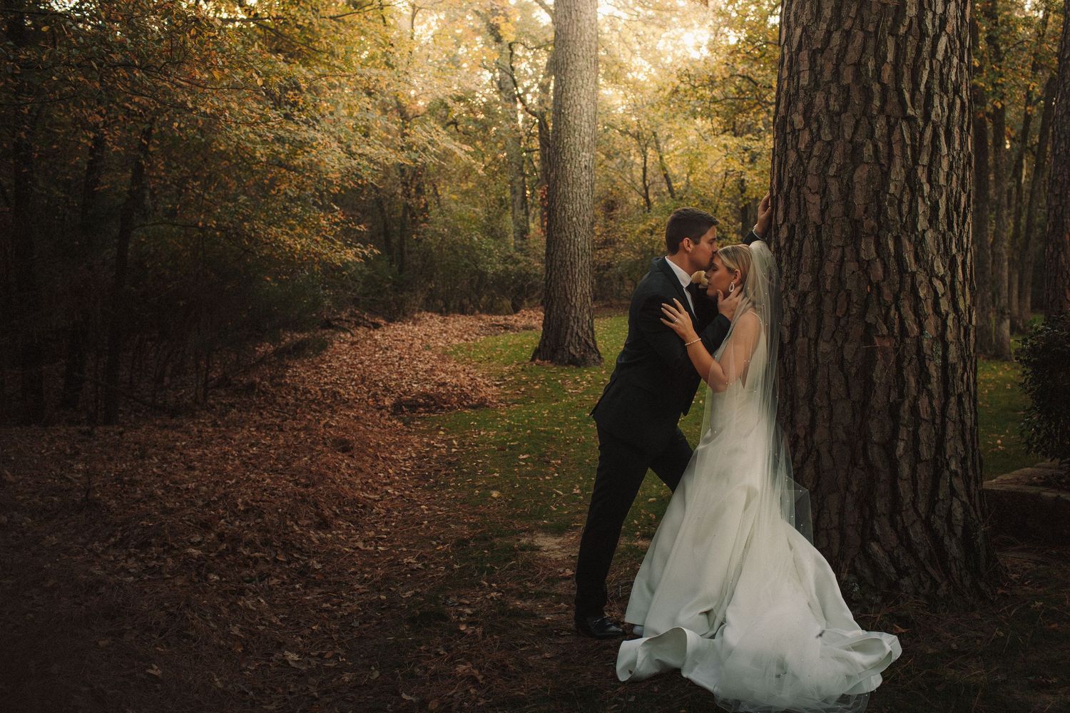 Bride and groom share tender kiss leaning against large tree in golden autumn forest.