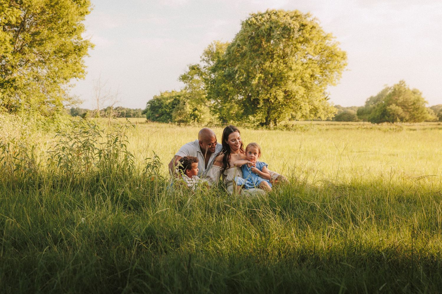 Panoramic sequence of a family sitting together in a sunlit summer meadow with tall grass and trees in the background.
