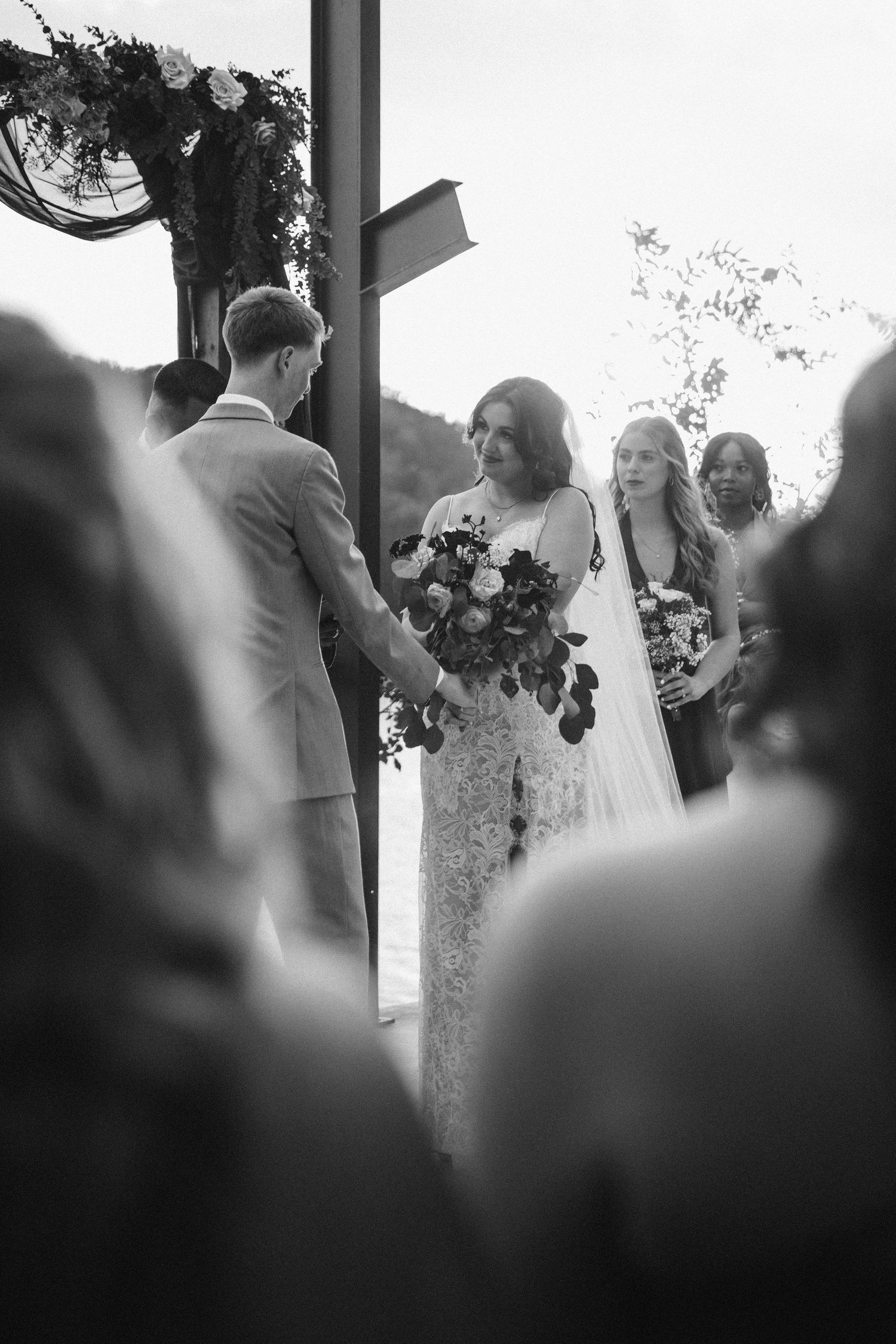 Black and white photo sequence showing couples gathered in an outdoor social event scene.