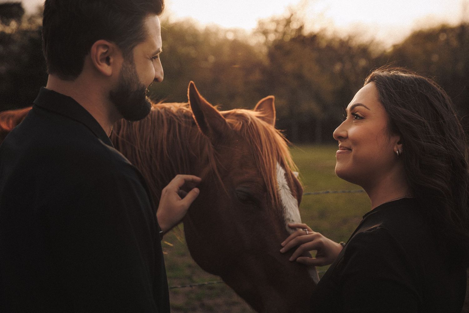 Smiling couple bonding with a chestnut horse at golden hour on a farm.