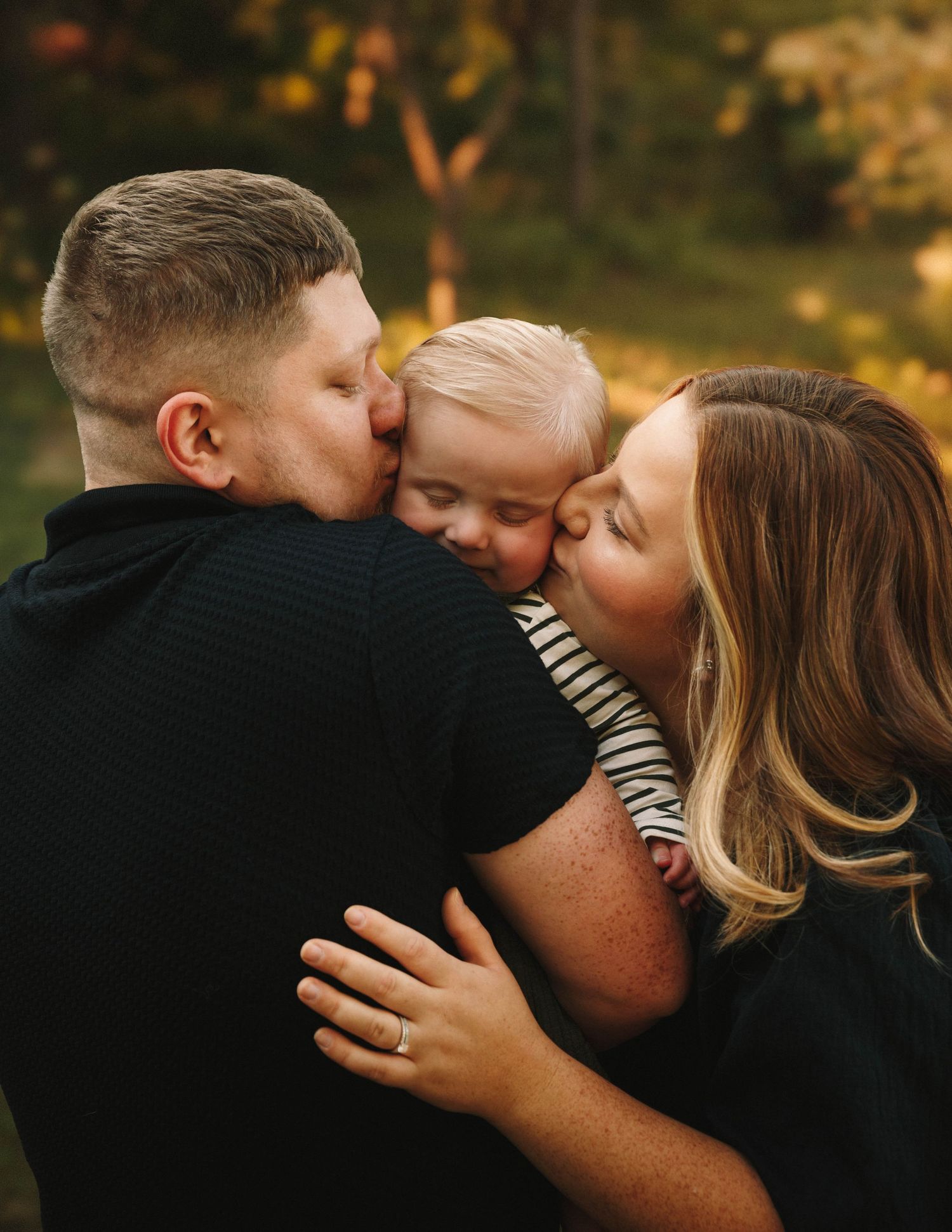 A romantic couple sharing intimate kisses in a series of photos with warm autumn lighting in the background.