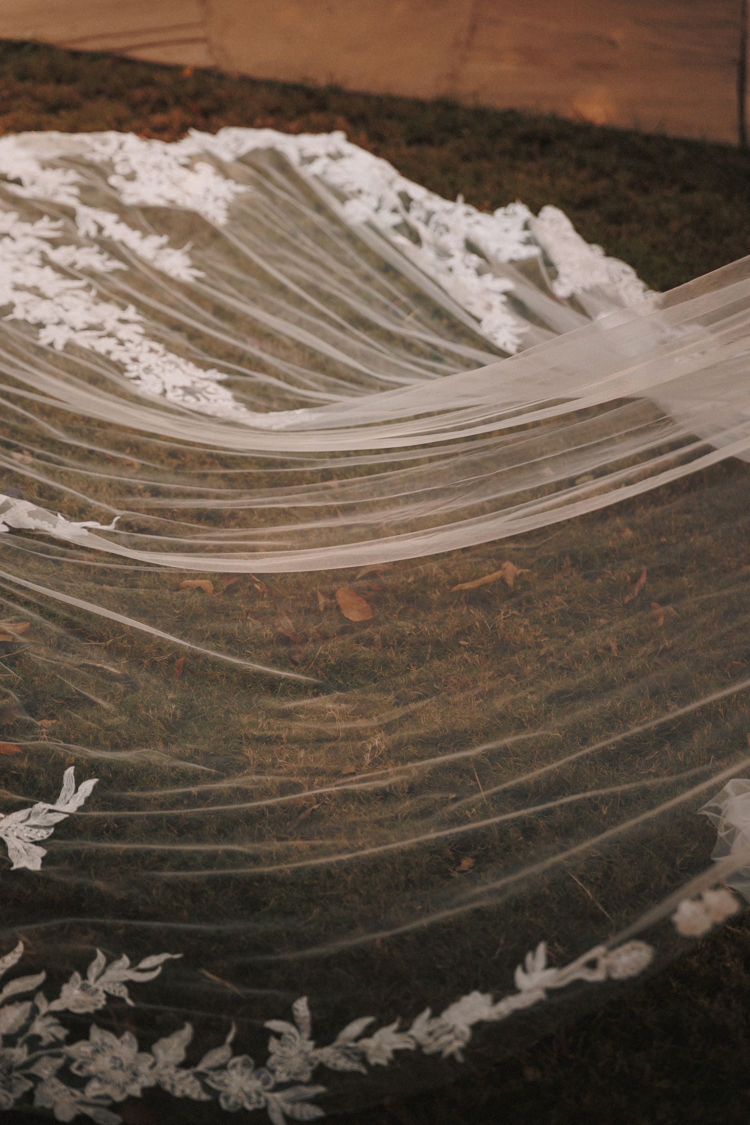 Close-up of intricate lace-embroidered bridal veil spread across green grass in soft warm light.