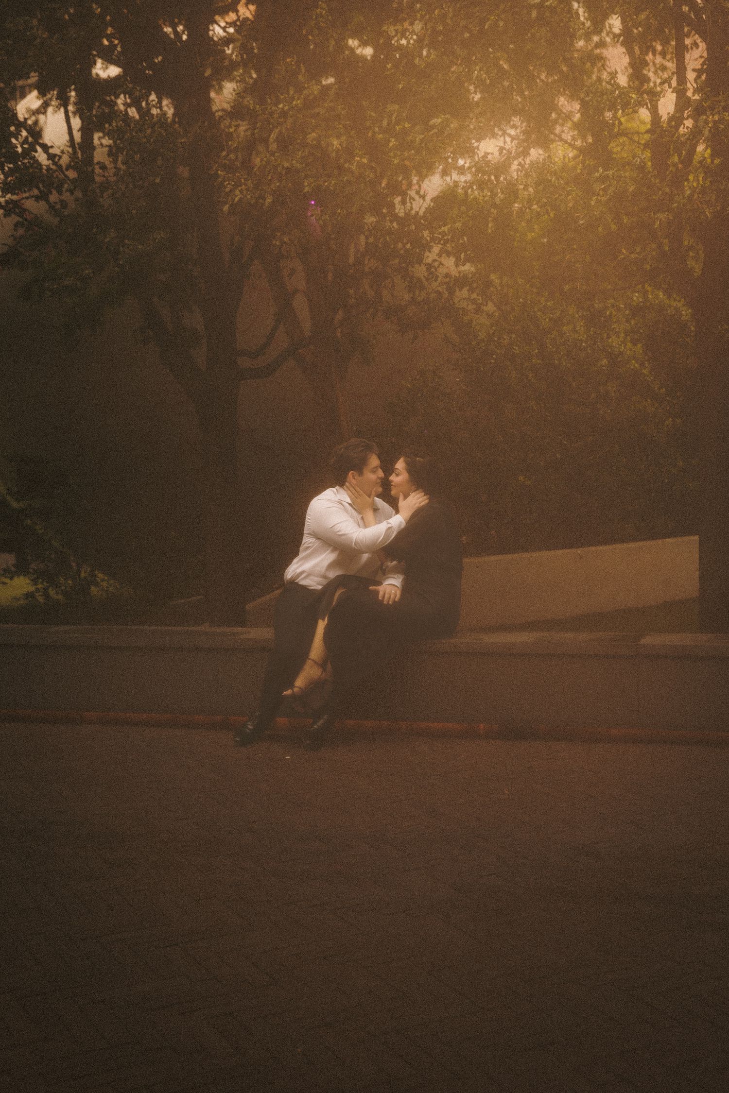 A couple sits closely together on a park bench, sharing a tender romantic moment at sunset.
