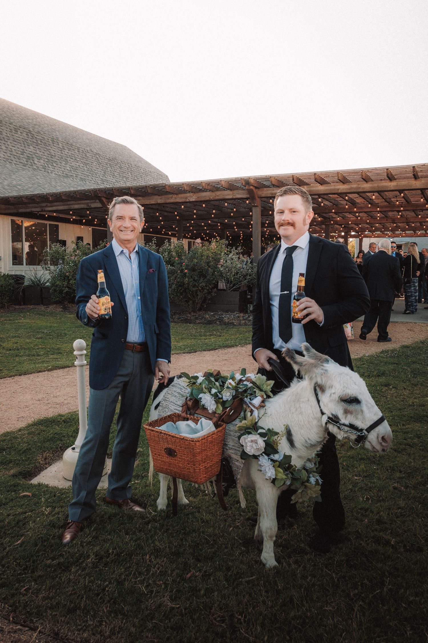 Two men in suits smile holding beer bottles beside a flower-adorned donkey at an outdoor wedding.