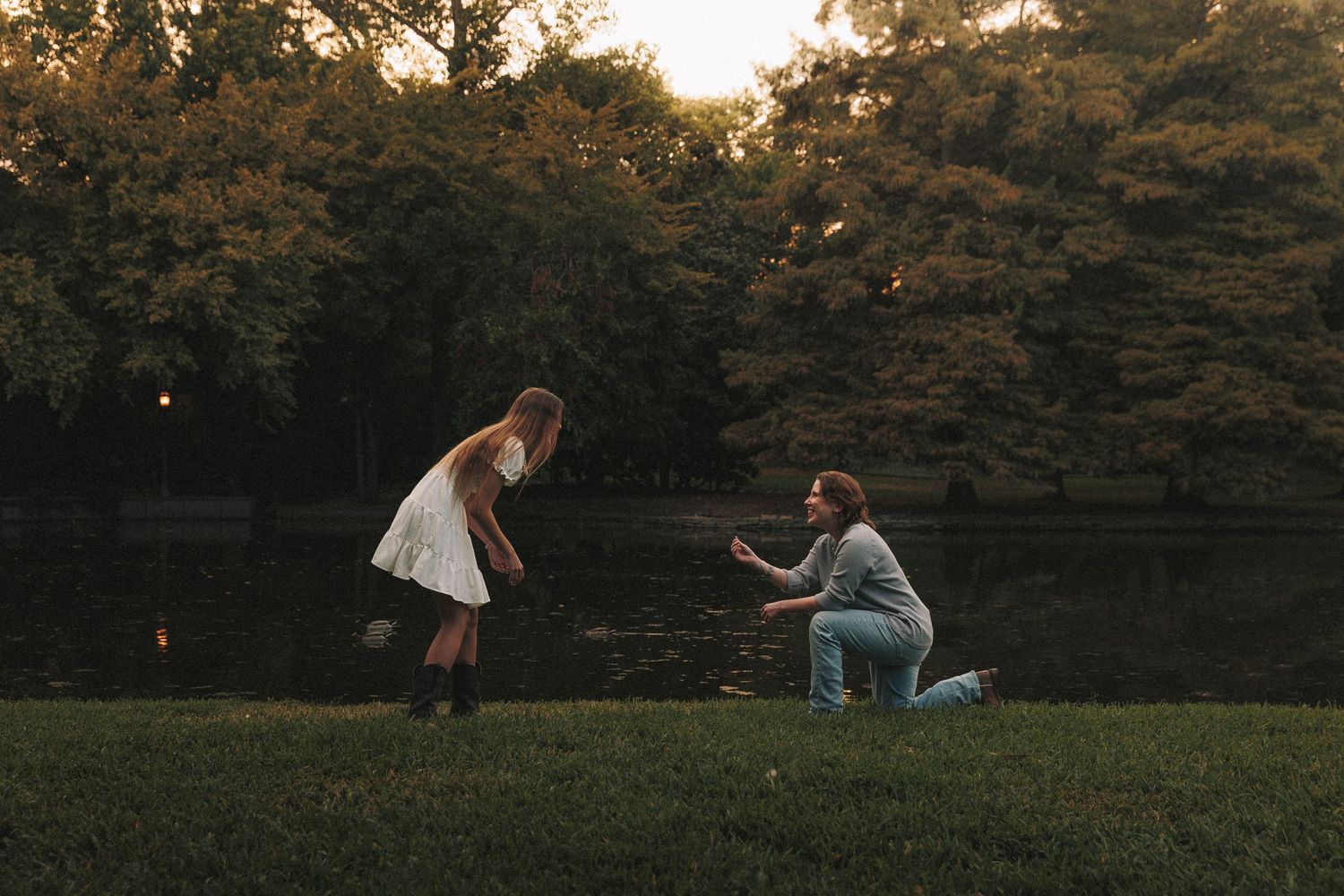 A romantic sunset proposal scene unfolds across multiple frames in a wooded outdoor setting at golden hour.