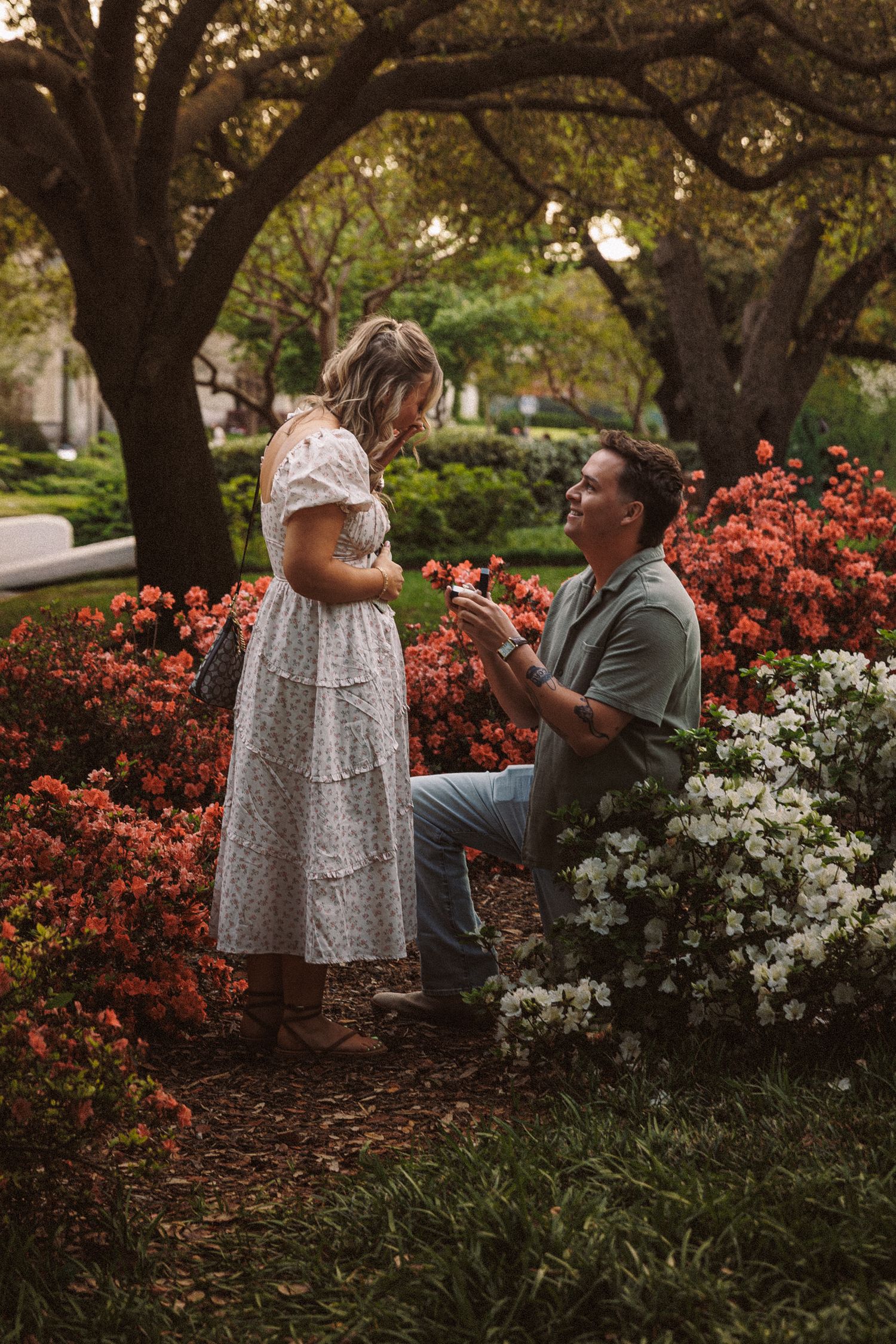 Man kneeling to propose to woman in white dress among vibrant red and white garden flowers.