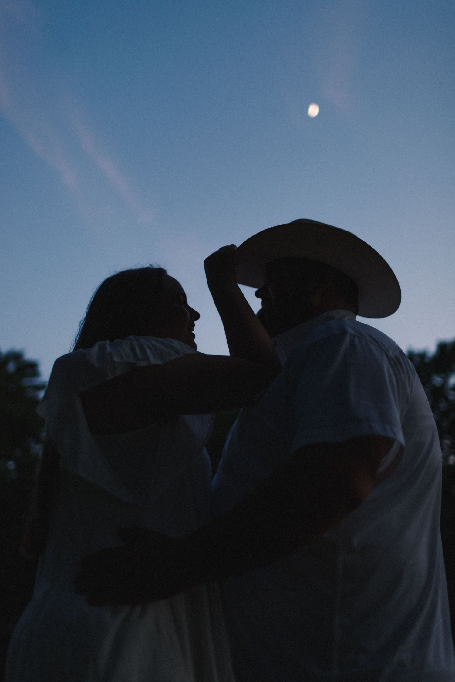 A compilation of silhouettes of people gathering outdoors at dusk against a darkening blue sky with a visible moon.