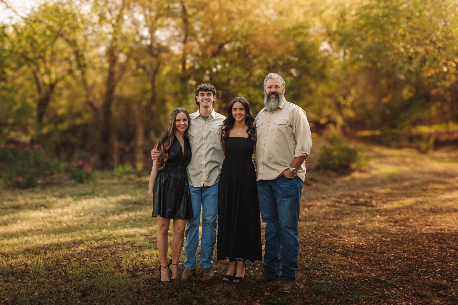 Multi-panel autumn photo session showing group gathering in a wooded park trail with golden fall foliage.