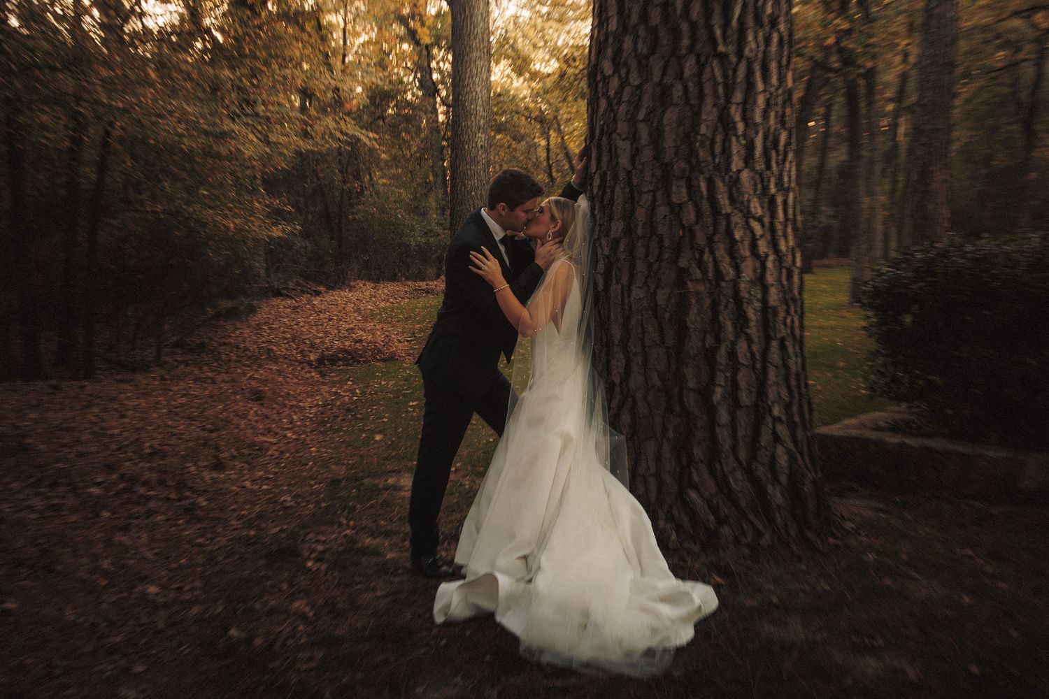 A bride in a flowing white gown and groom in a black suit kiss leaning against a large tree in autumn woods.