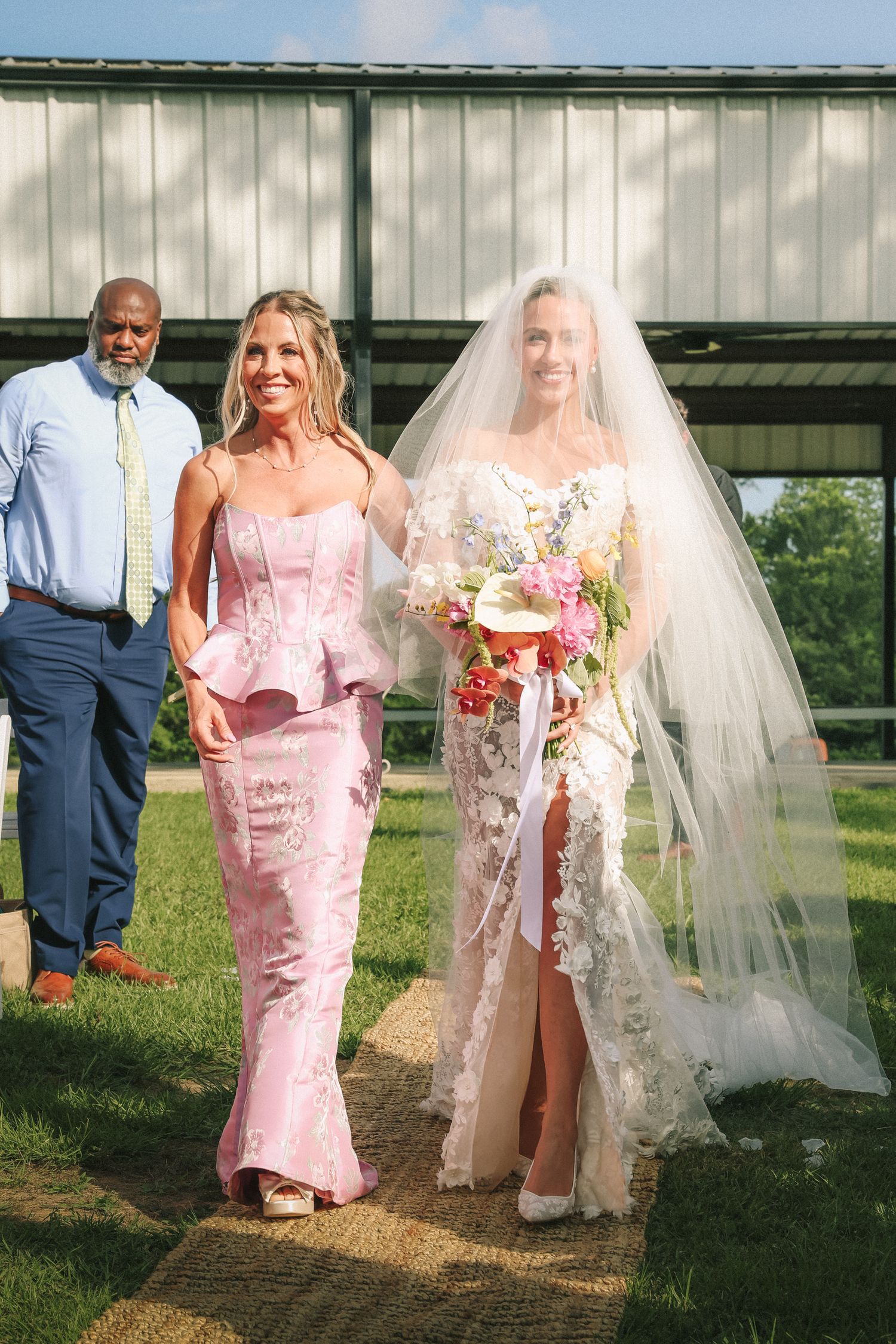A series of candid outdoor wedding photos showing people in pink and white attire posing in a garden setting.
