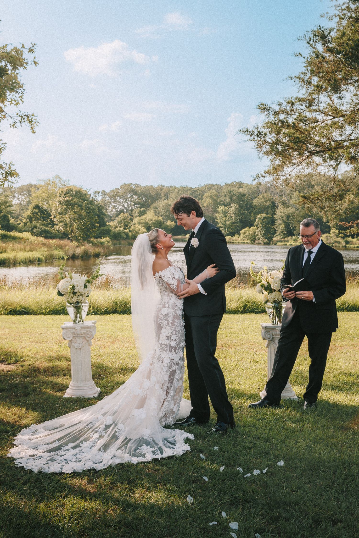 Wedding ceremony captured in sequence on grassy lawn with elegant decor and floral arrangements.