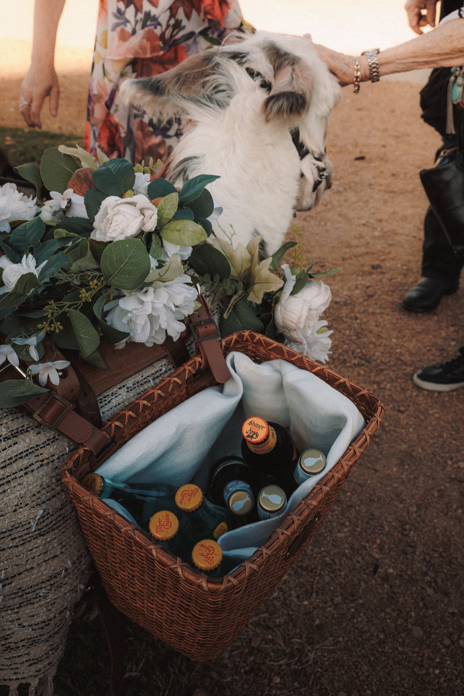 Wicker basket with flowers and beverages beside a fluffy dog at wedding.