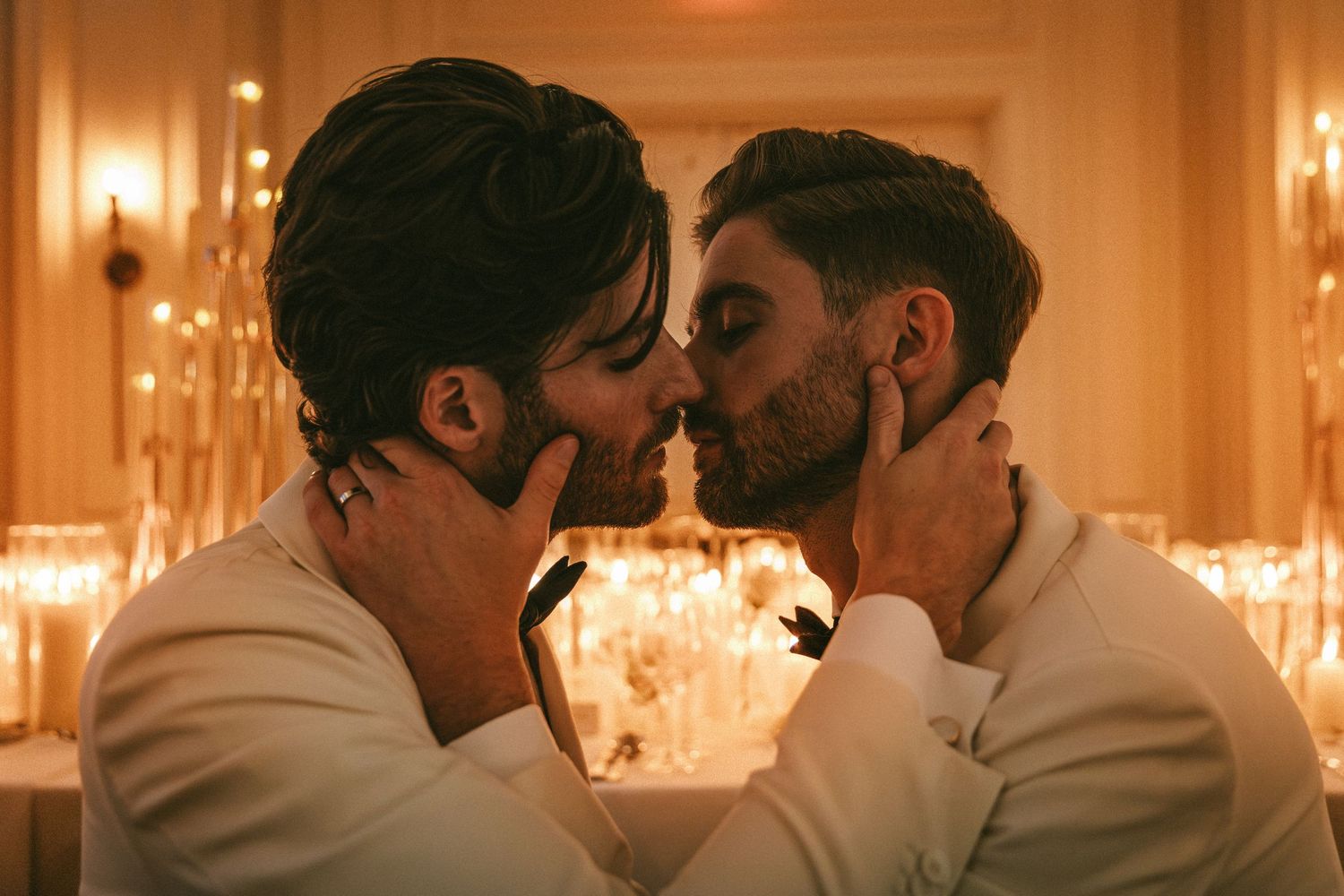 Two grooms in white suits share an intimate kiss surrounded by candlelight at their wedding.
