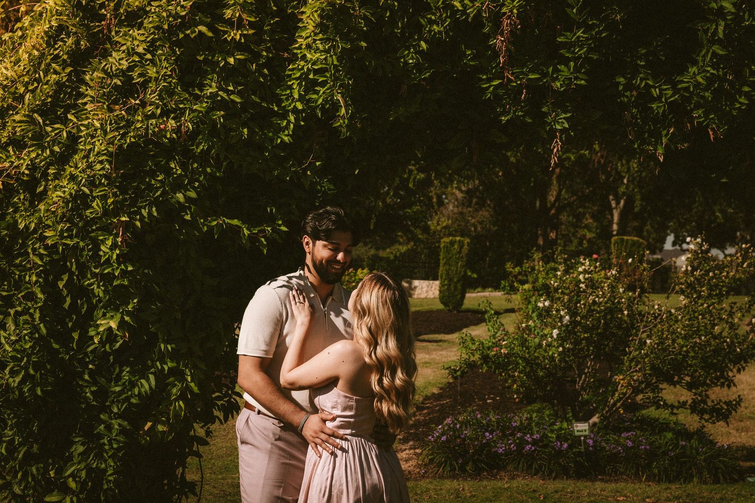 A tender embrace captured in a sunlit garden with green foliage in the background.