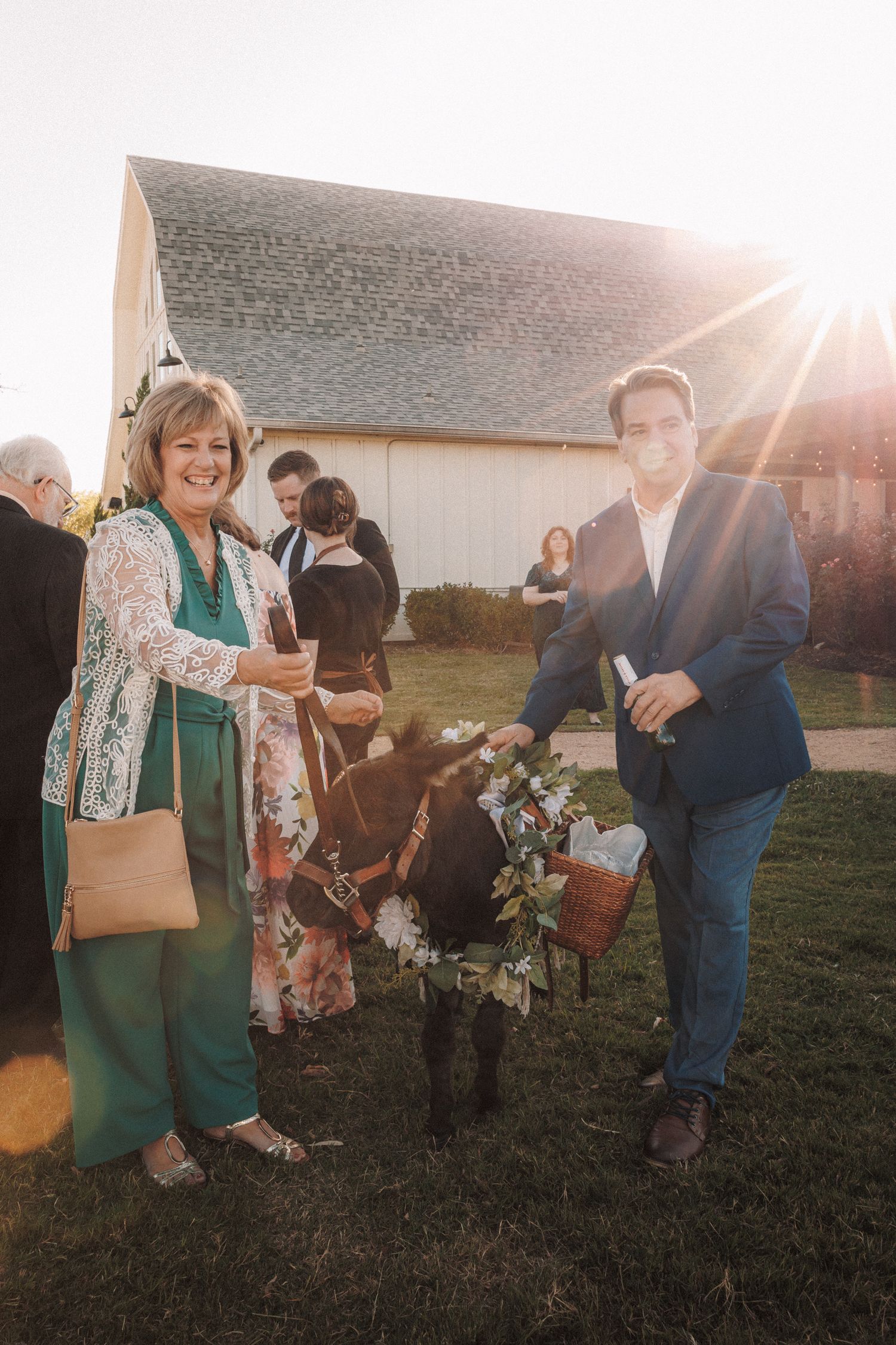 Wedding guests smile beside a flower-crowned donkey at a sunny outdoor reception.
