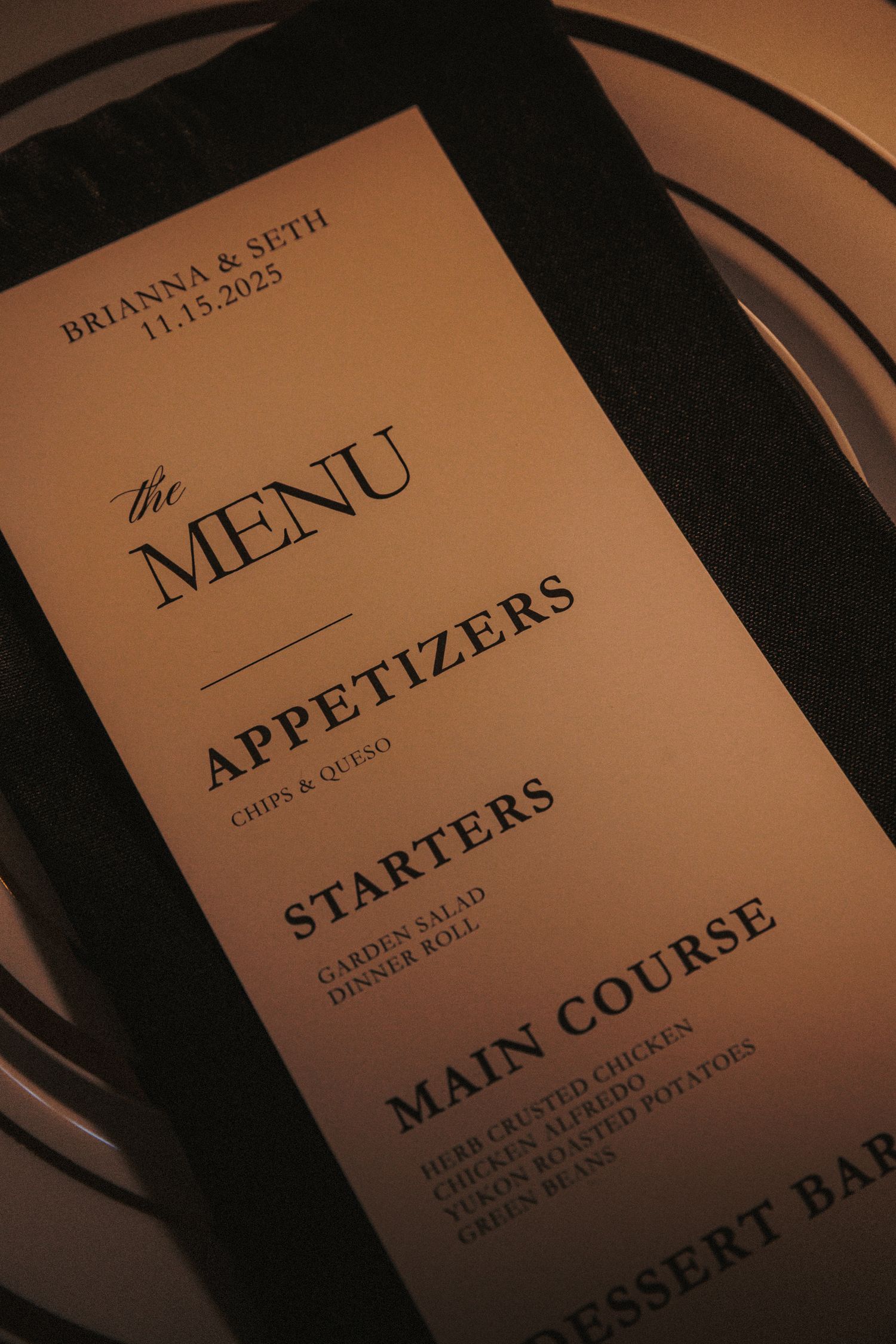 Elegant wedding menu card for Brianna and Seth dated 11.15.2025 featuring appetizers, starters, and main course.