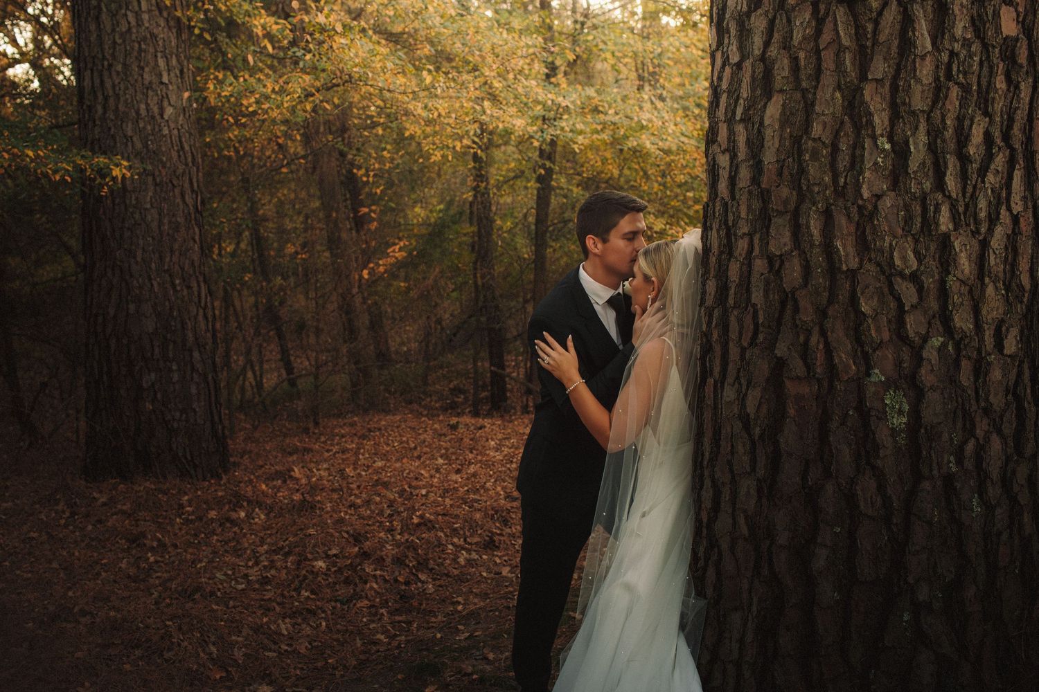 Bride and groom share tender kiss leaning against large tree in autumn forest setting.