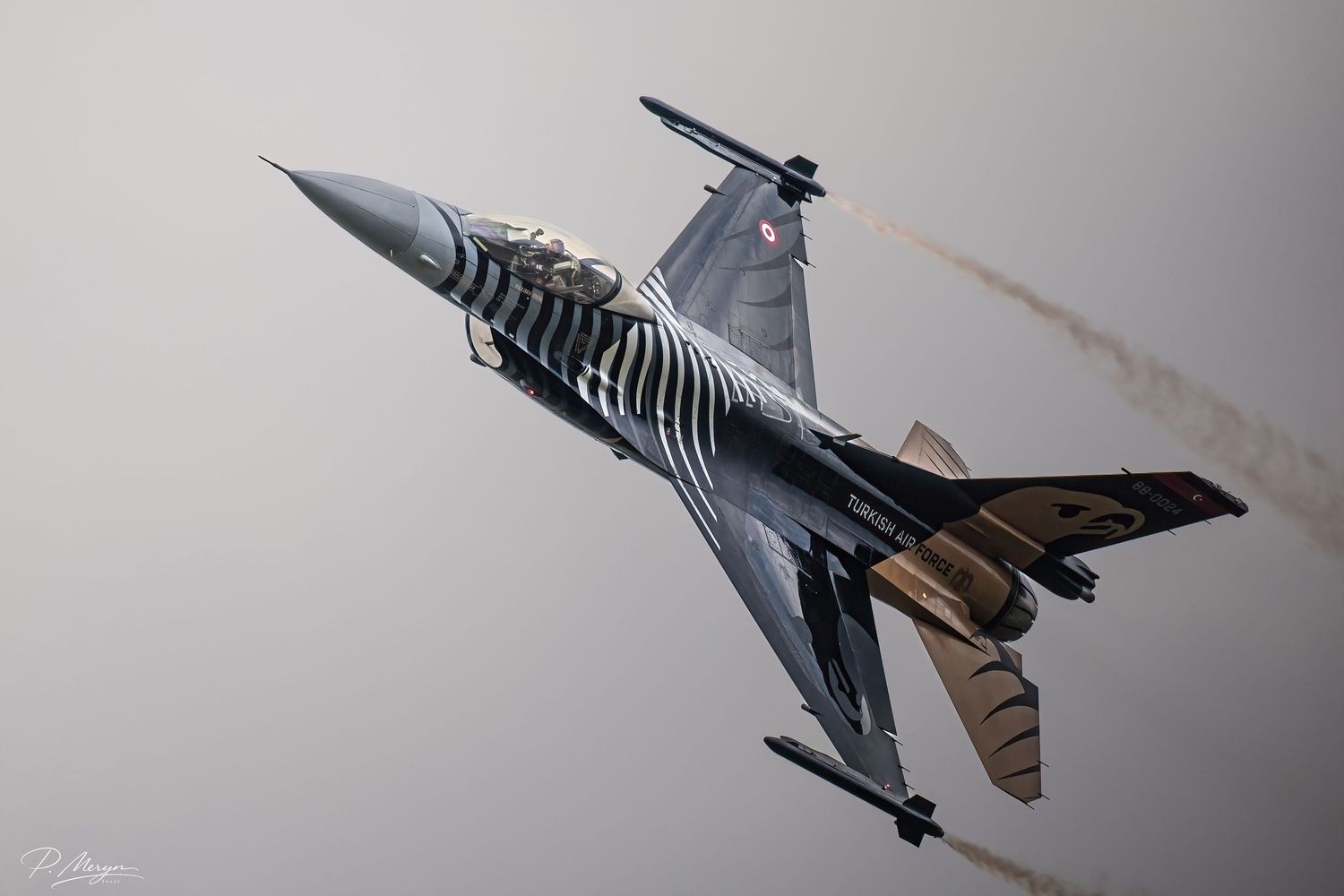 Turkish Air Force F-16 Solo Turk with eagle livery climbing steeply at airshow.
