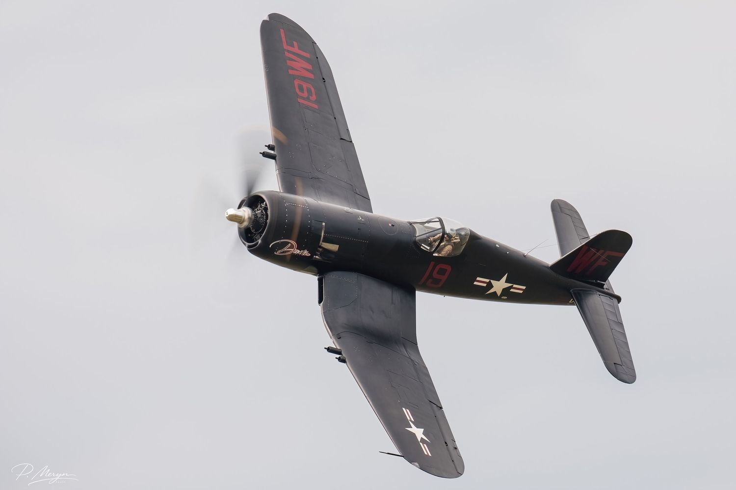 Vintage WWII-era Vought F4U Corsair in dark paint scheme performing low pass at classic airshow event.