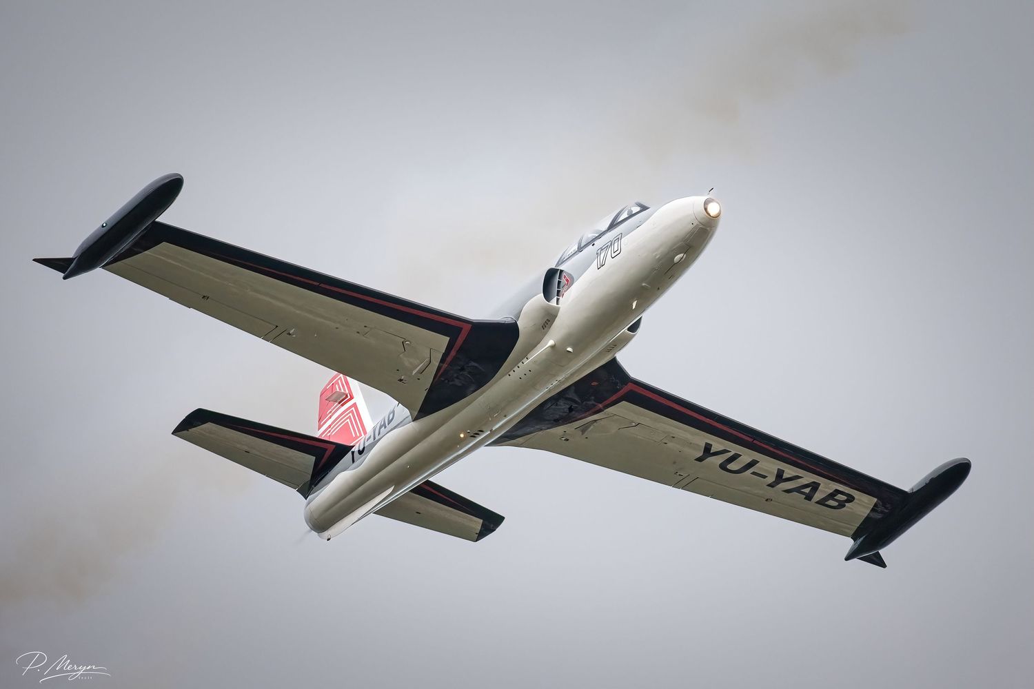 Serbian Air Force SOKO G-2 Galeb trainer jet YU-YAB banking during airshow.