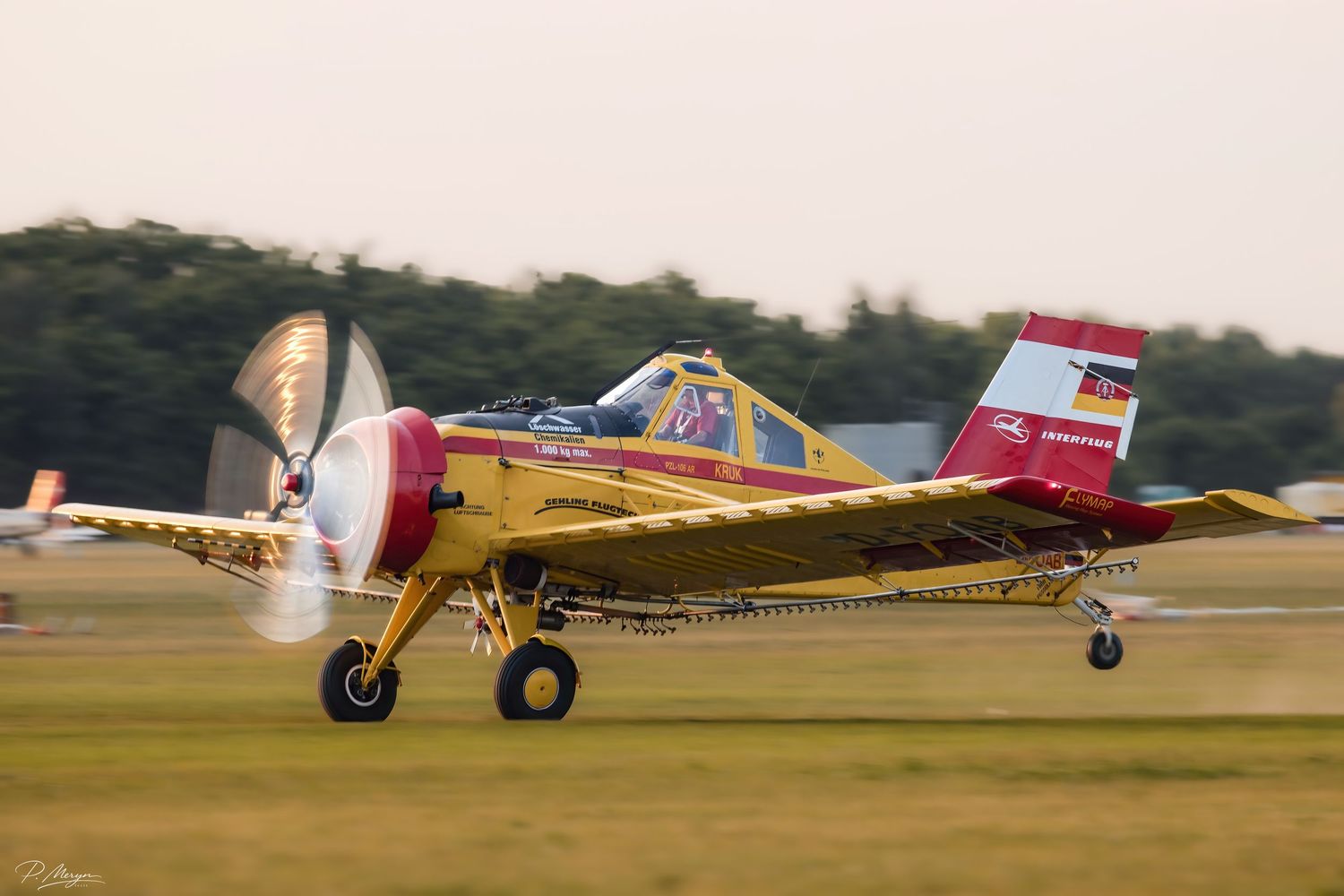 A yellow and red PZL Mielec M-18 Dromader agricultural aircraft taxiing on a grass airfield runway.