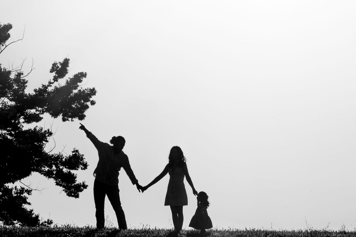 Family silhouette holding hands outdoors, black and white portrait session by The Padillas, Sacramento lifestyle photography.