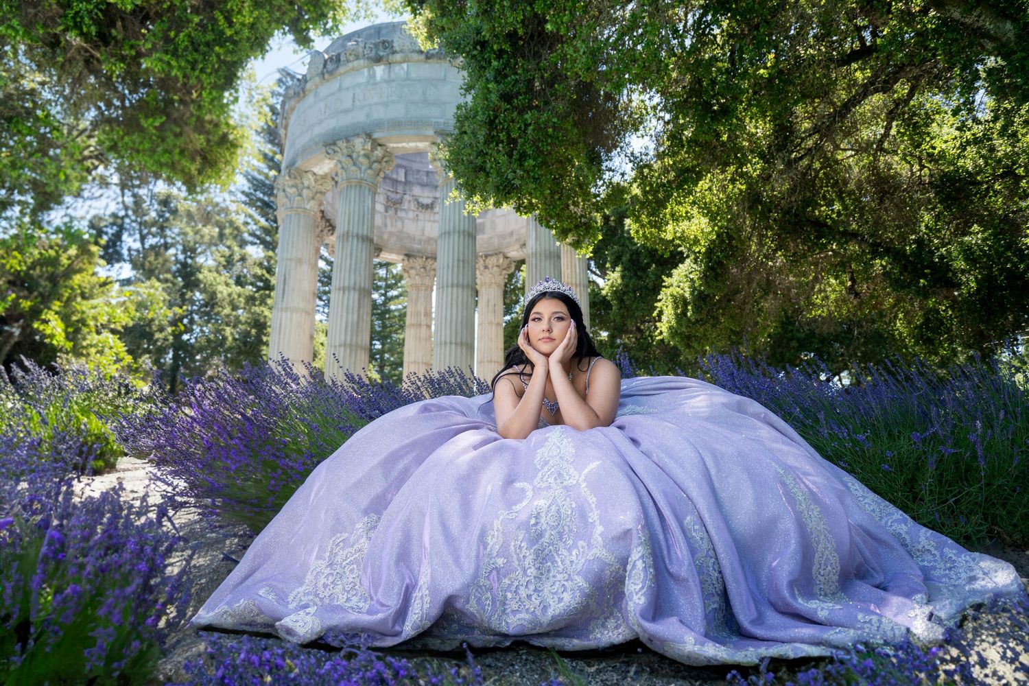 Editorial quince pre-shoot, luxury portraits in Pulgas Tower, quinceañera photography by The Padillas.