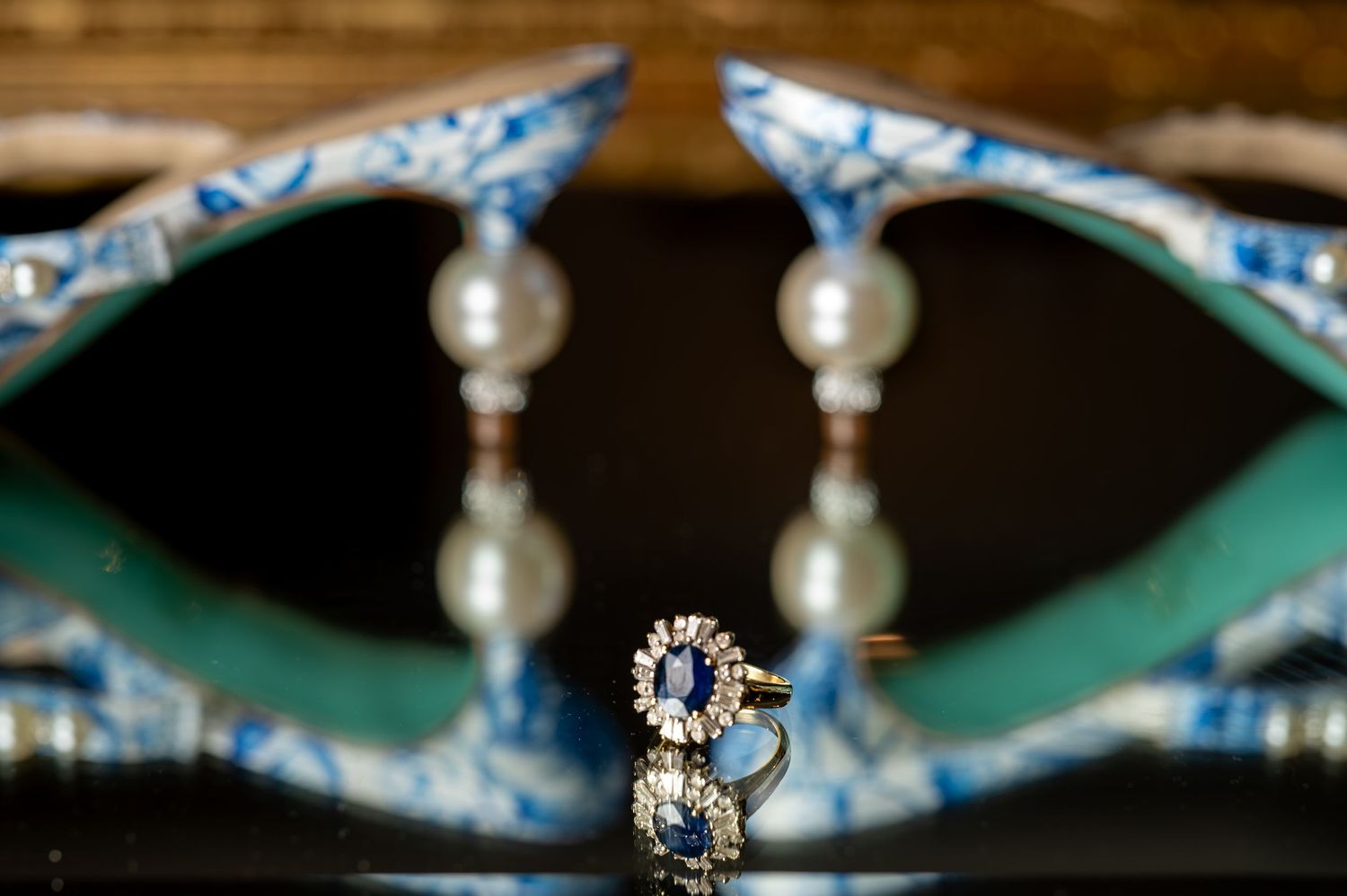 Luxury wedding details with blue designer heels and sapphire ring Sacramento wedding photographer