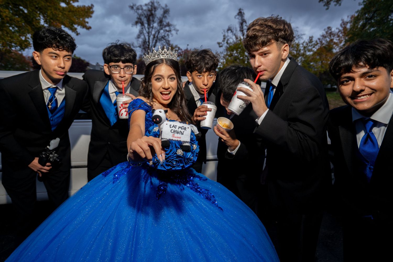 Quinceañera court group photo after Chick-fil-A stop, Sacramento quince photoshoot | The Padillas