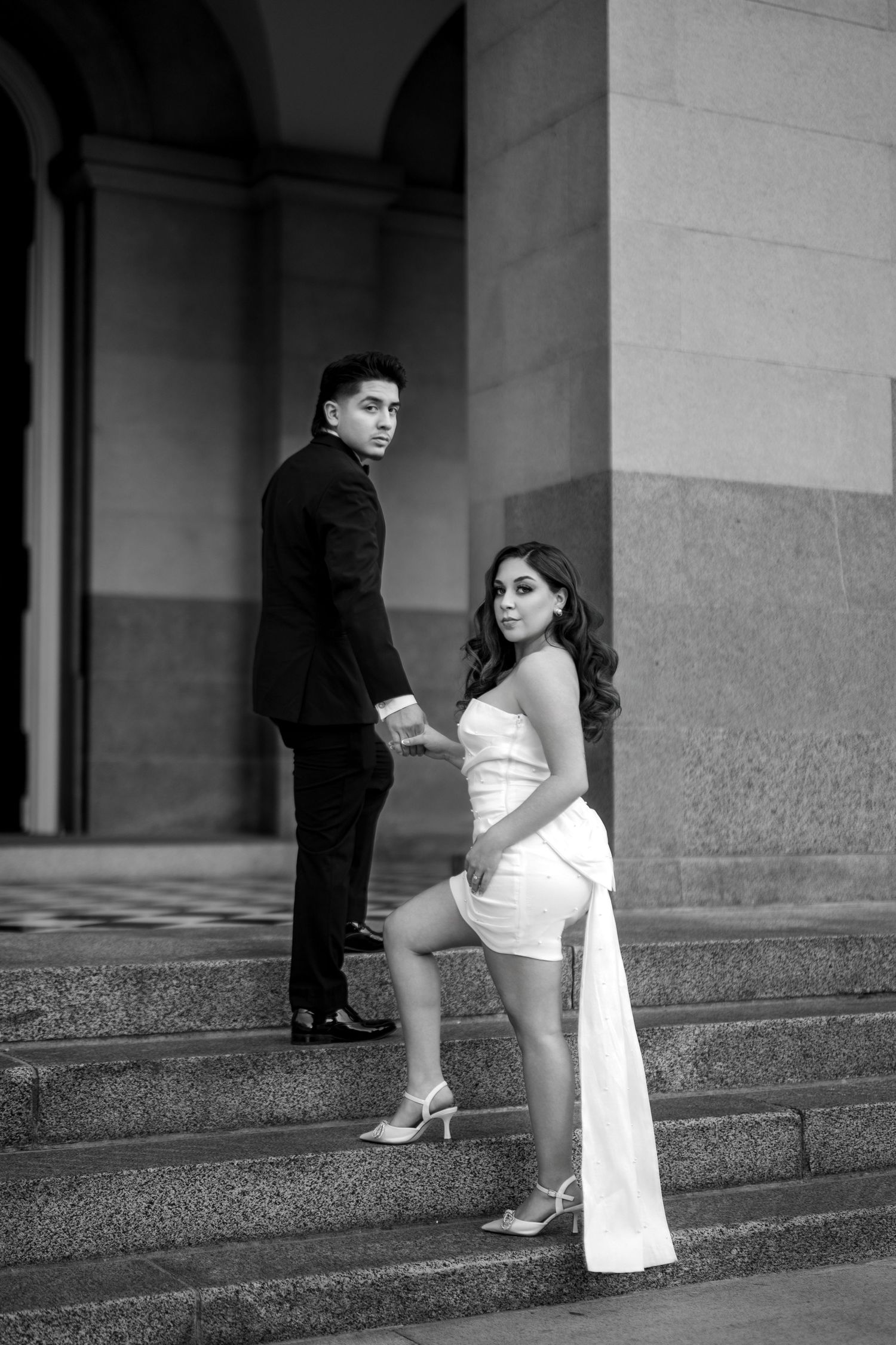 Engagement session on Capitol steps downtown Sacramento, bride in mini dress
