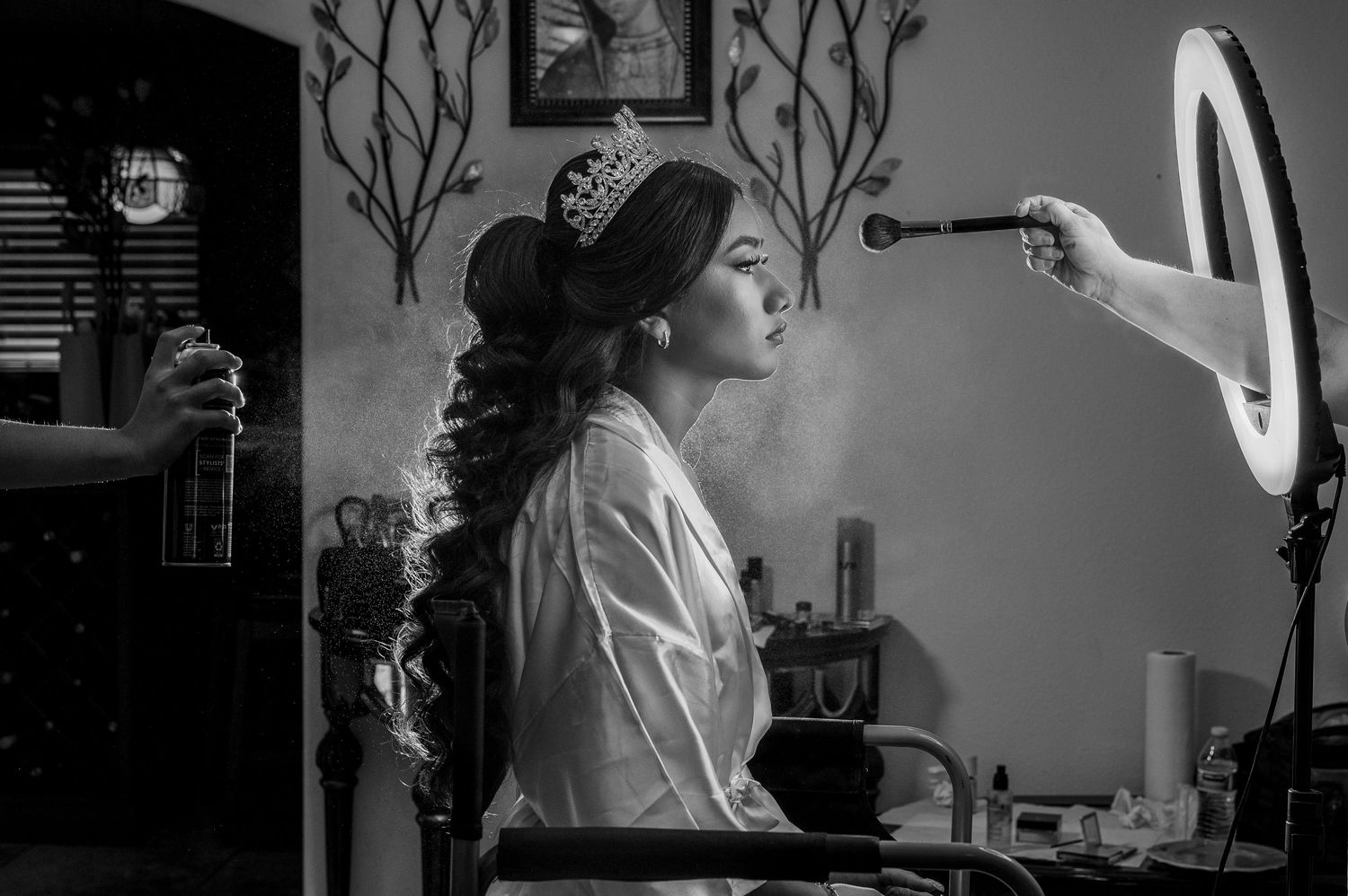 Quinceañera getting ready, candid prep by The Padillas, Sacramento quinceañera event day photography.