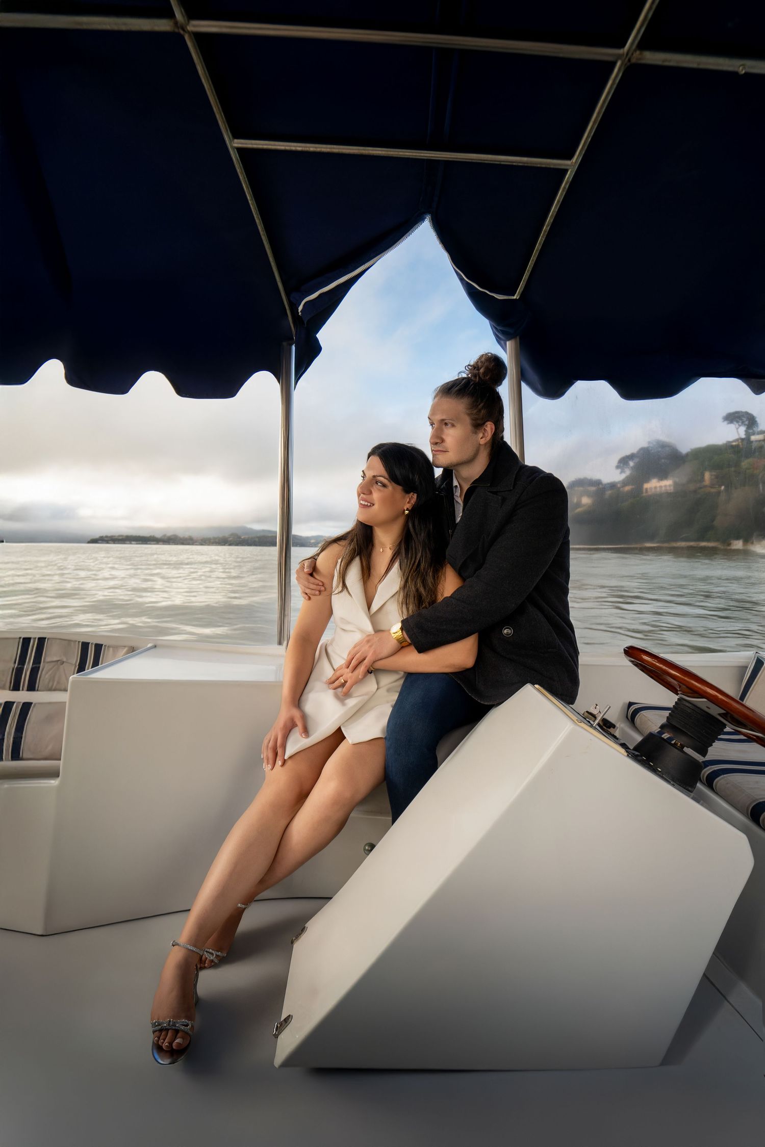 Engagement couple on private boat cruise in Marin County Bay Area