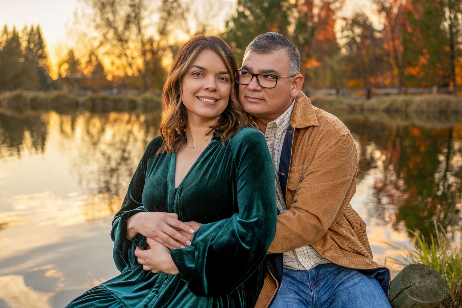 Couple sunset portrait at Bywater Hollow, Lincoln CA. Fall colors and romantic family session by the water.