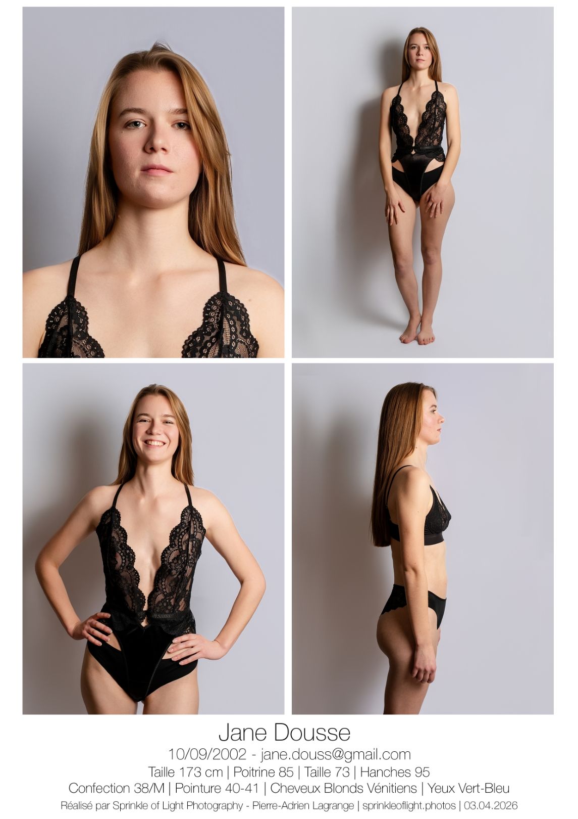 Exemple comp card modèle mannequin photographe Lausanne Suisse - Model comp card example front back layout photographer Lausanne Switzerland