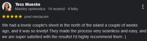Google review highlighting Tenerife couple photoshoot with ocean view