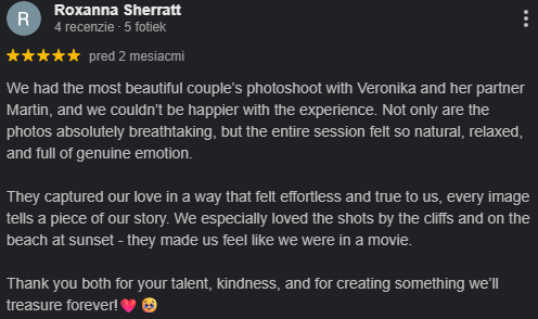 Review from couple praising Tenerife beach photoshoot experience